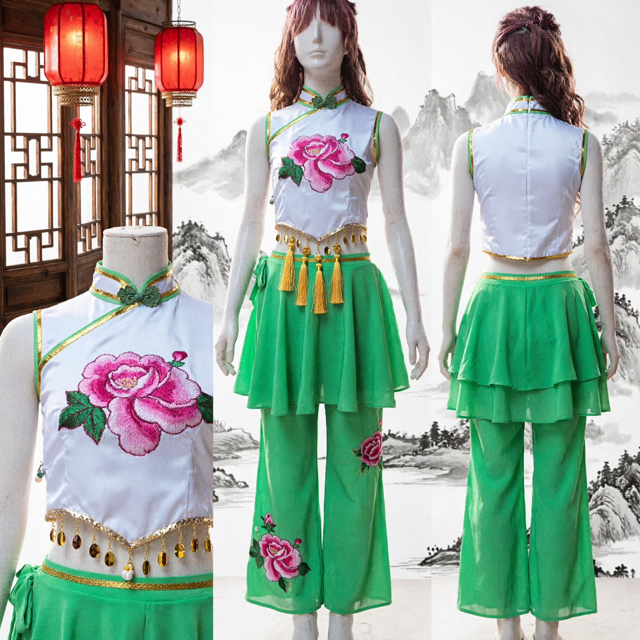 Damen traditionelles chinesisches Yangge-Tanzkostüm, Volkstanz-Aufführungsoutfit, grünes Rockhosen-Set mit Rosenstickerei - Asian Costume
