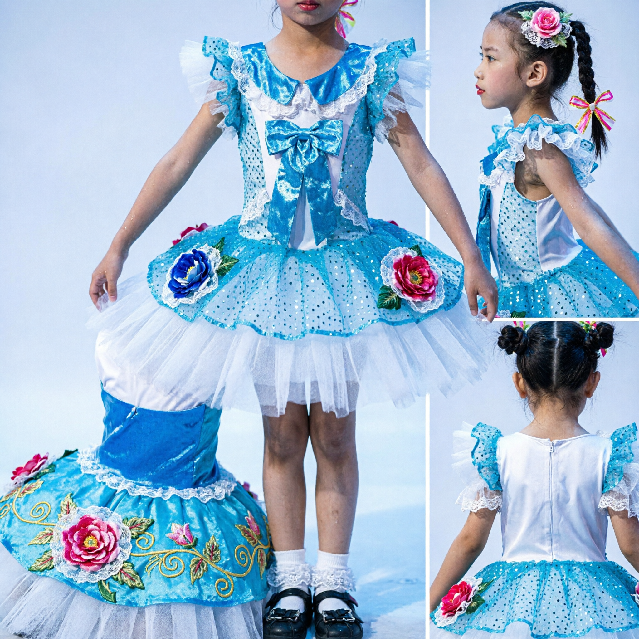 Girls Blue White Sequin Tutu Dress with Pink School Bag Prop for Kids Stage Dance Performance - Asian Costume