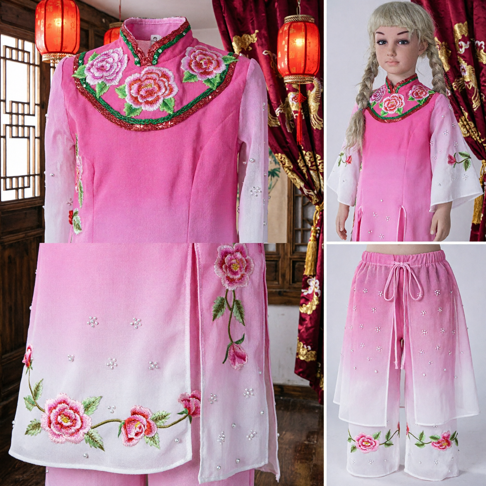 Girls Pink Vietnamese Ao Dai Traditional Dress Floral Embroidery Tet Festival Performance Costume Set - Asian Costume