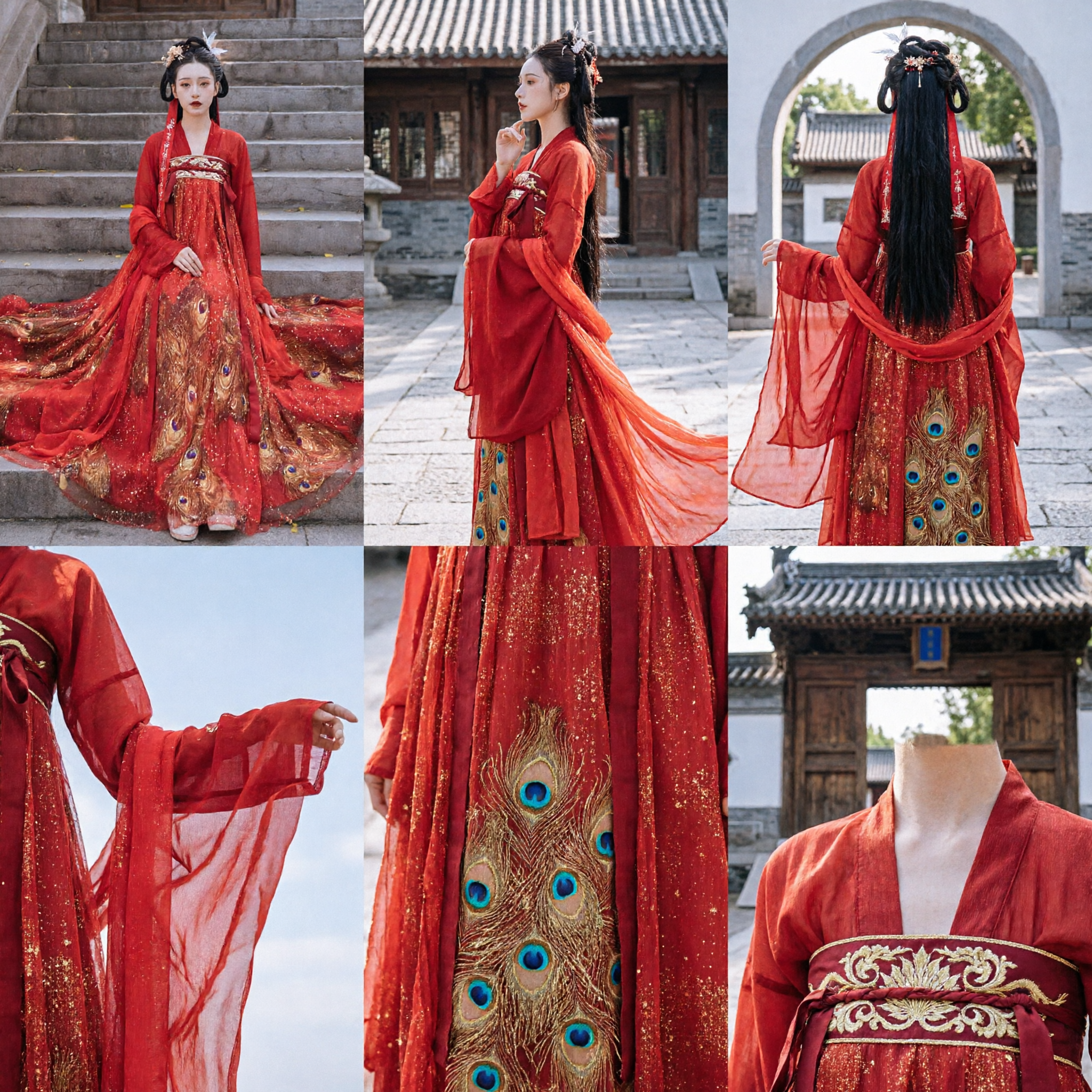 Elegancka czerwona chińska suknia Hanfu z haftem pawia, tradycyjny starożytny strój dla kobiet na ślub i występy - Asian Costume