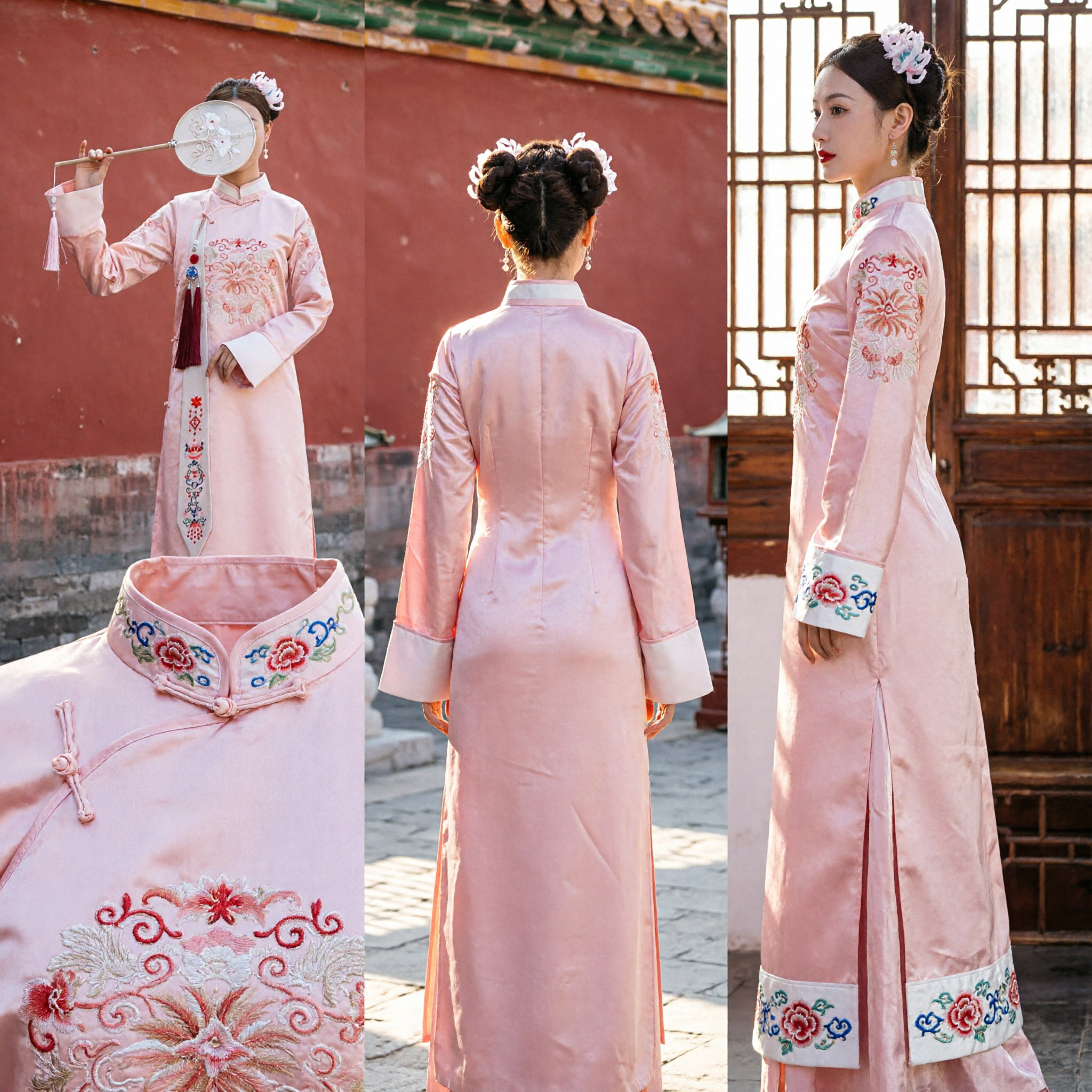 Robe en soie rose traditionnelle chinoise, costume Hanfu brodé de dame du palais de la dynastie Qing pour le cosplay féminin - Asian Costume