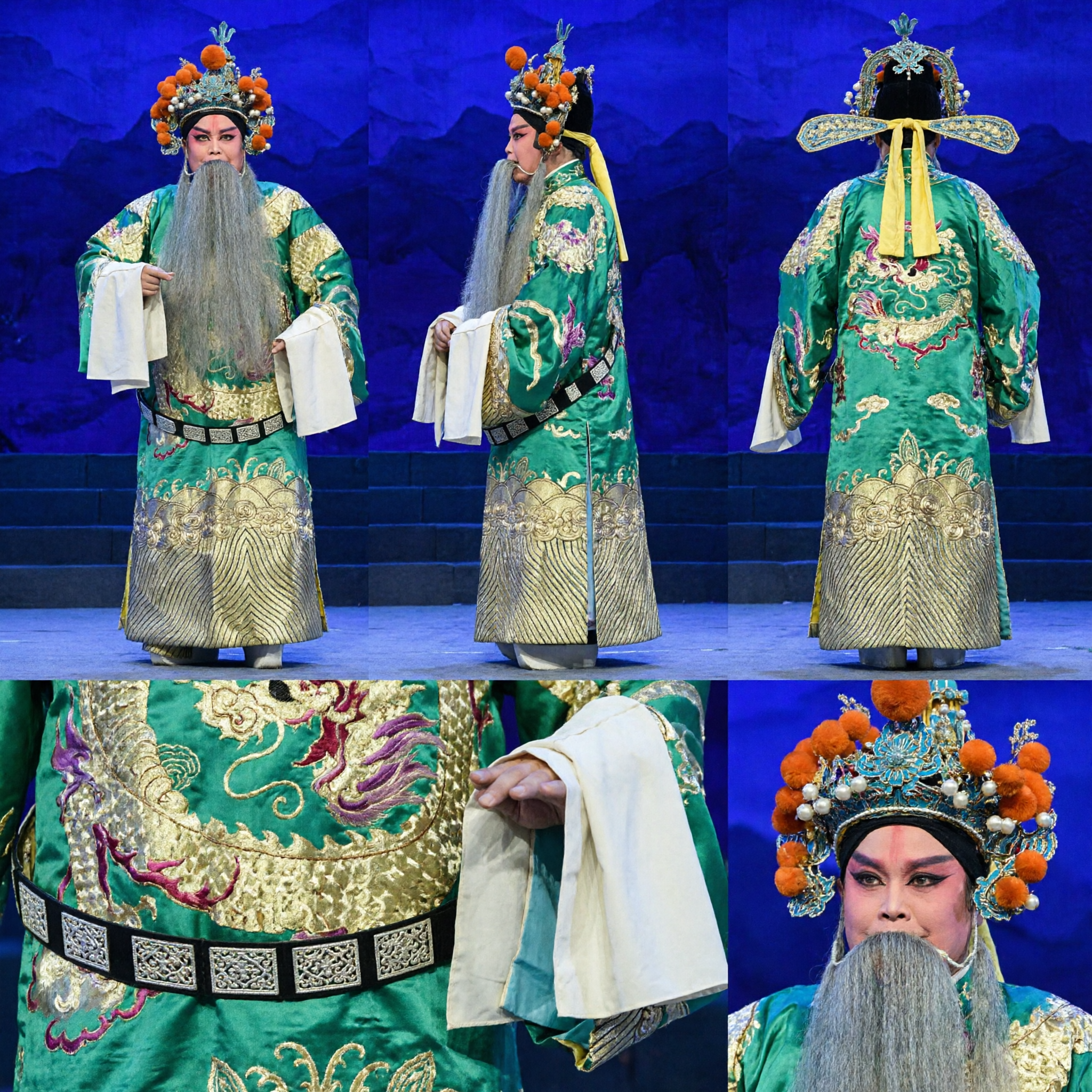 Traje Profissional da Ópera de Pequim Chinês, Conjunto Completo de Manto do Dragão Verde com Adereços de Cabeça e Barba para Homens - Asian Costume