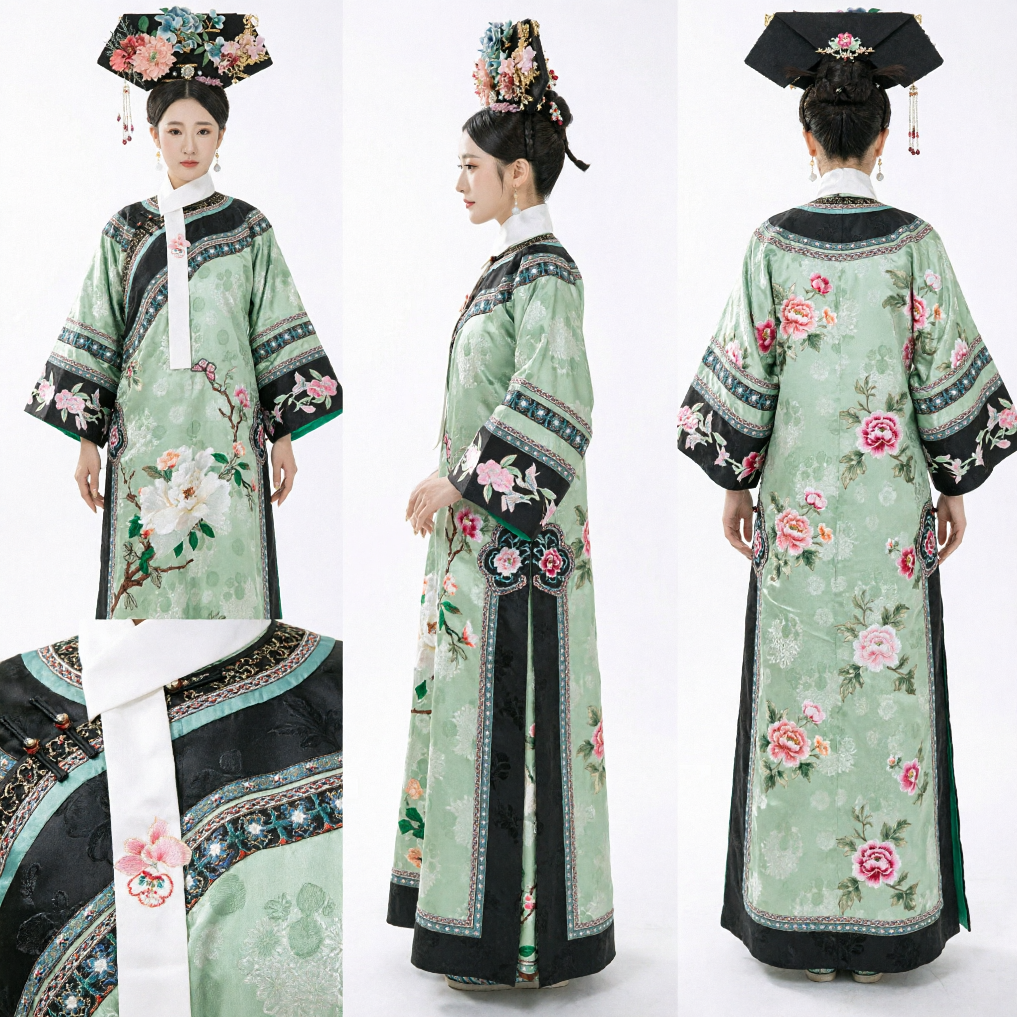 伝統的中国 清王朝満州姫 緑の花柄刺繍ローブとかんざし 完全衣装セット - Asian Costume