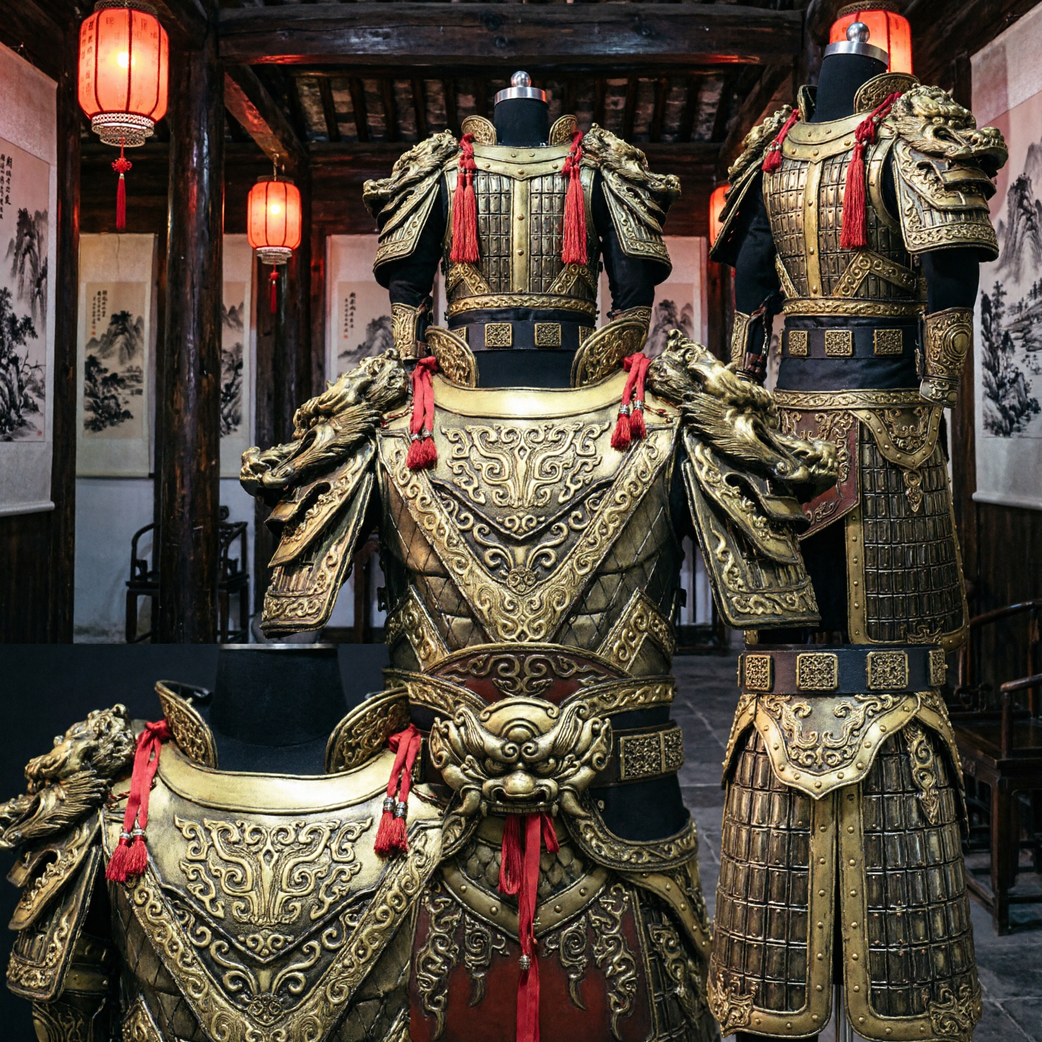 古代中国将軍金龍鎧一式コスプレ衣装男性用歴史的舞台演出版スーツ - Asian Costume