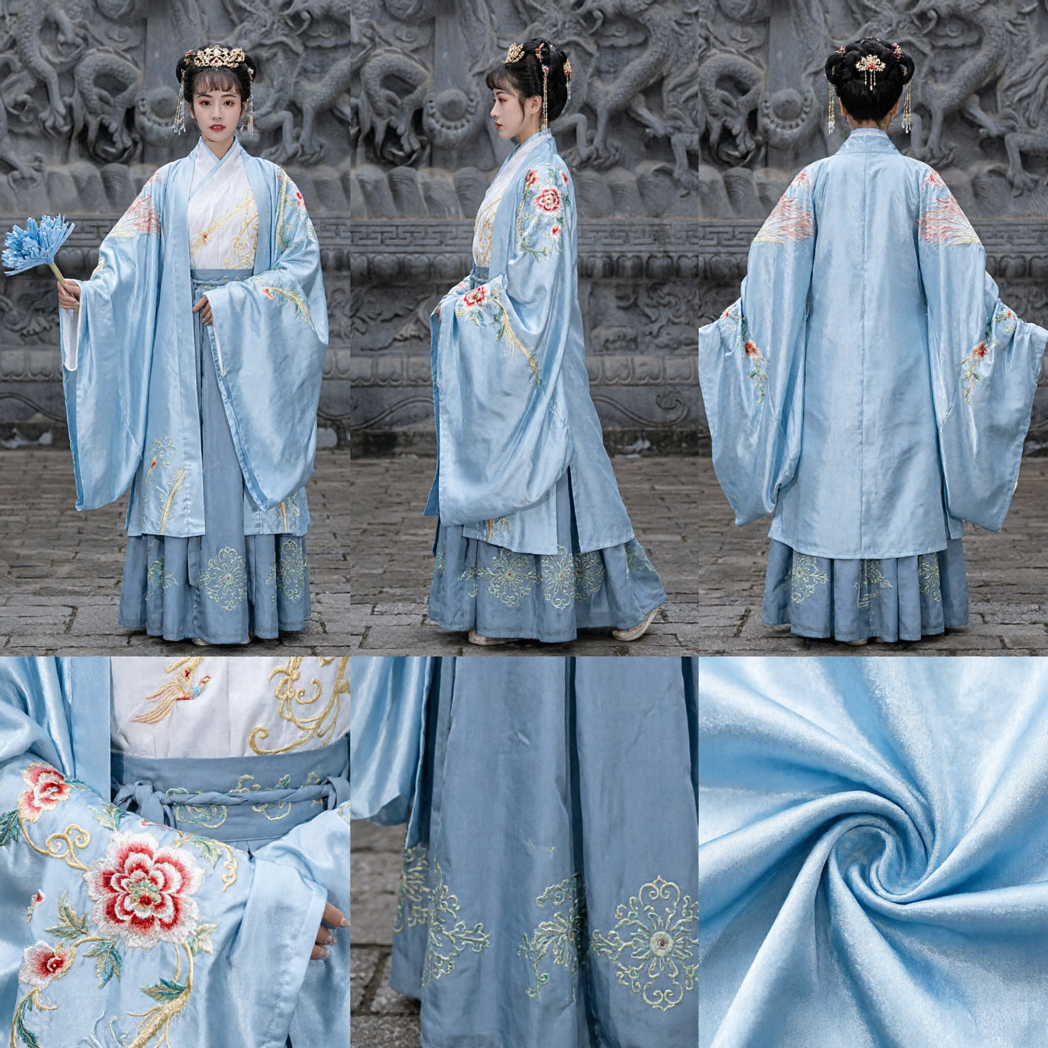 Costume da Principessa del Palazzo Antico Hanfu Tradizionale Cinese, Abito a Maniche Ampie Ricamato in Azzurro Chiaro per Donne - Asian Costume
