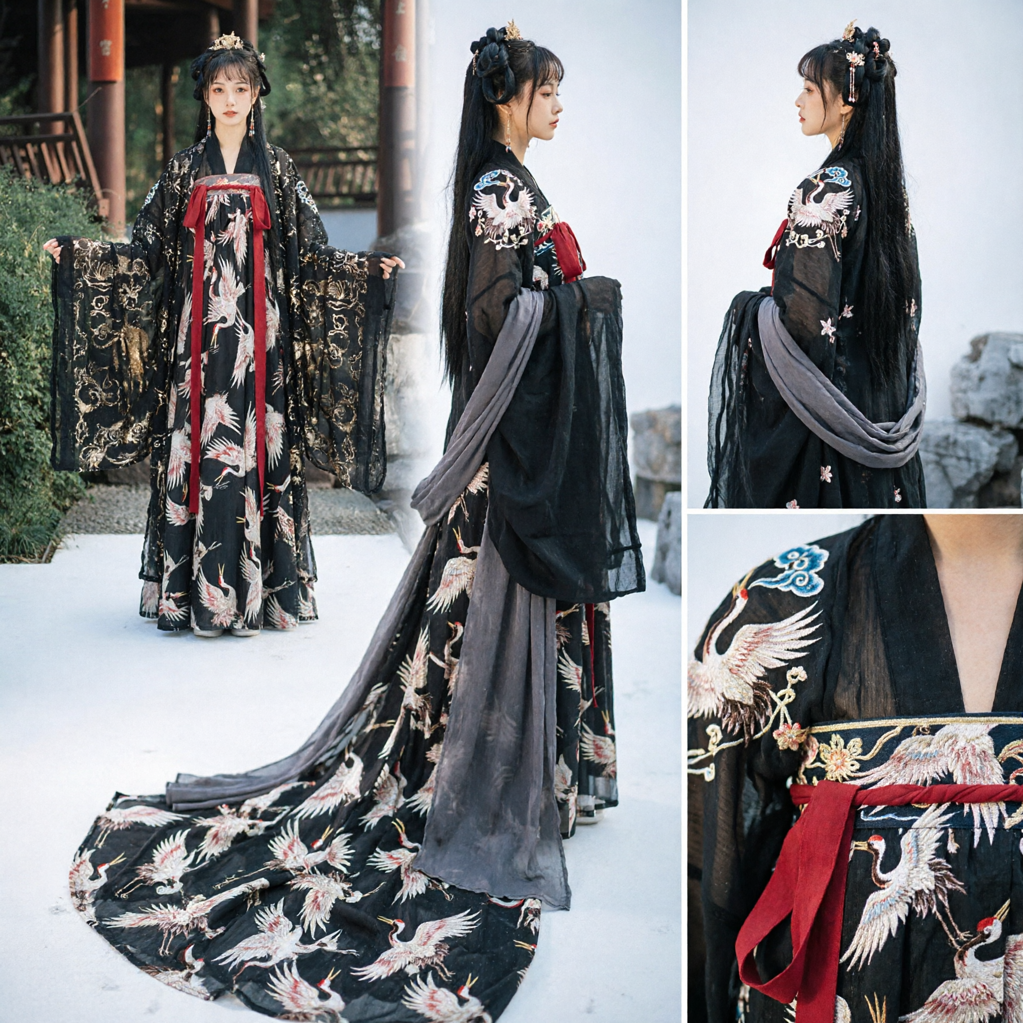 Elegante Vestido Tradicional Chinês Hanfu da Dinastia Tang Preto com Estampa de Garça Antiga para Mulheres - Cosplay Histórico - Asian Costume