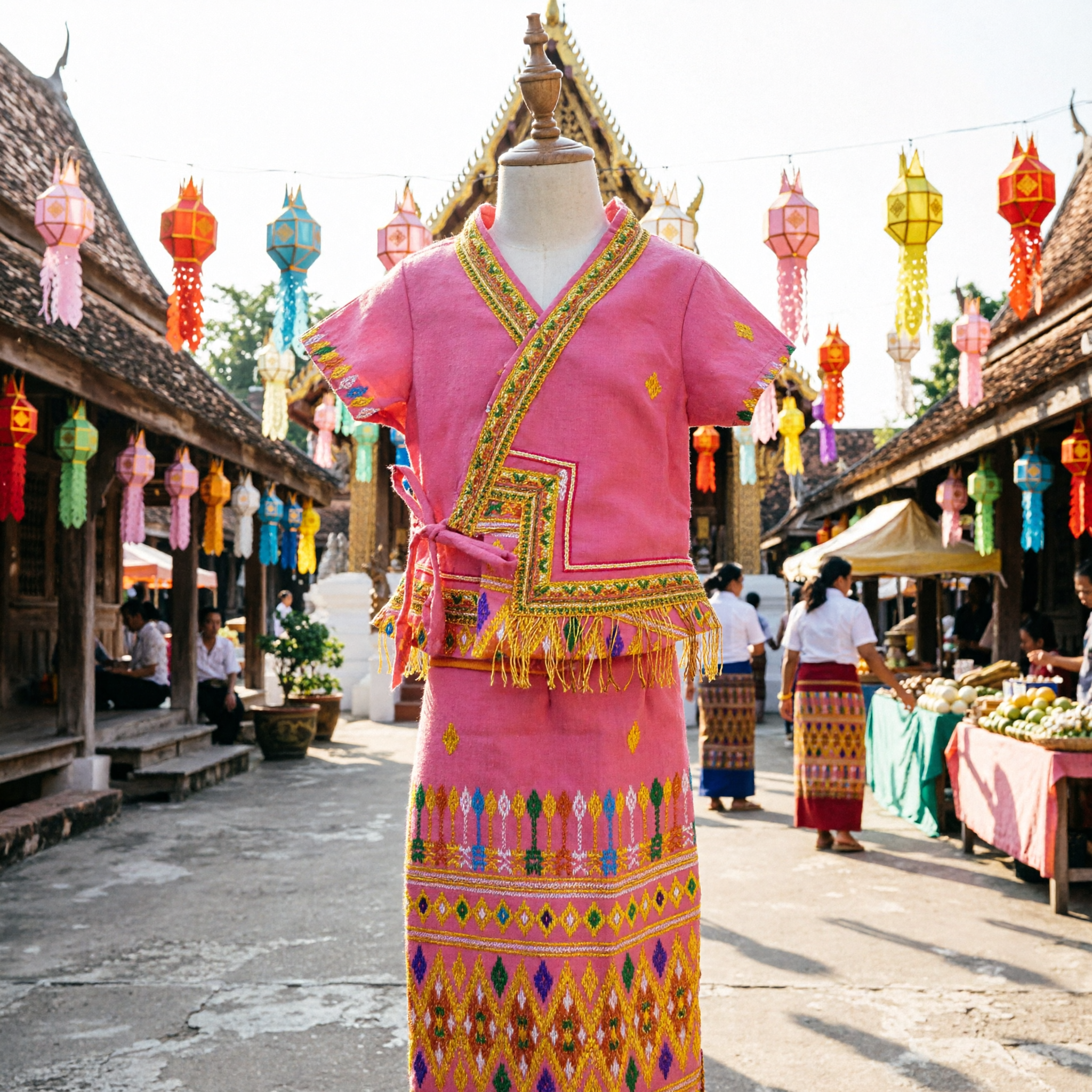 Traditionelles thailändisches rosa besticktes Zweiteiler-Kleid-Set für Frauen, Volkstanzkostüm für Kulturfestivals - Asian Costume