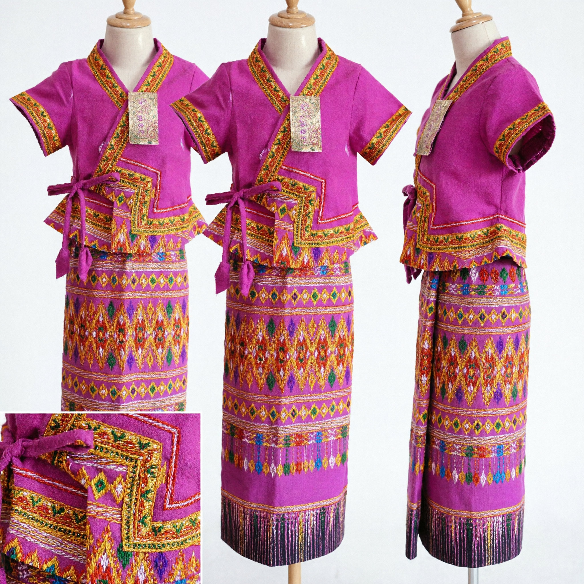 Costume in Seta Rosa dell'Etnia Minoritaria Dai Tradizionale Thai, Set con Top Avvolgente Ricamato e Sarong Motivi per Donne - Asian Costume