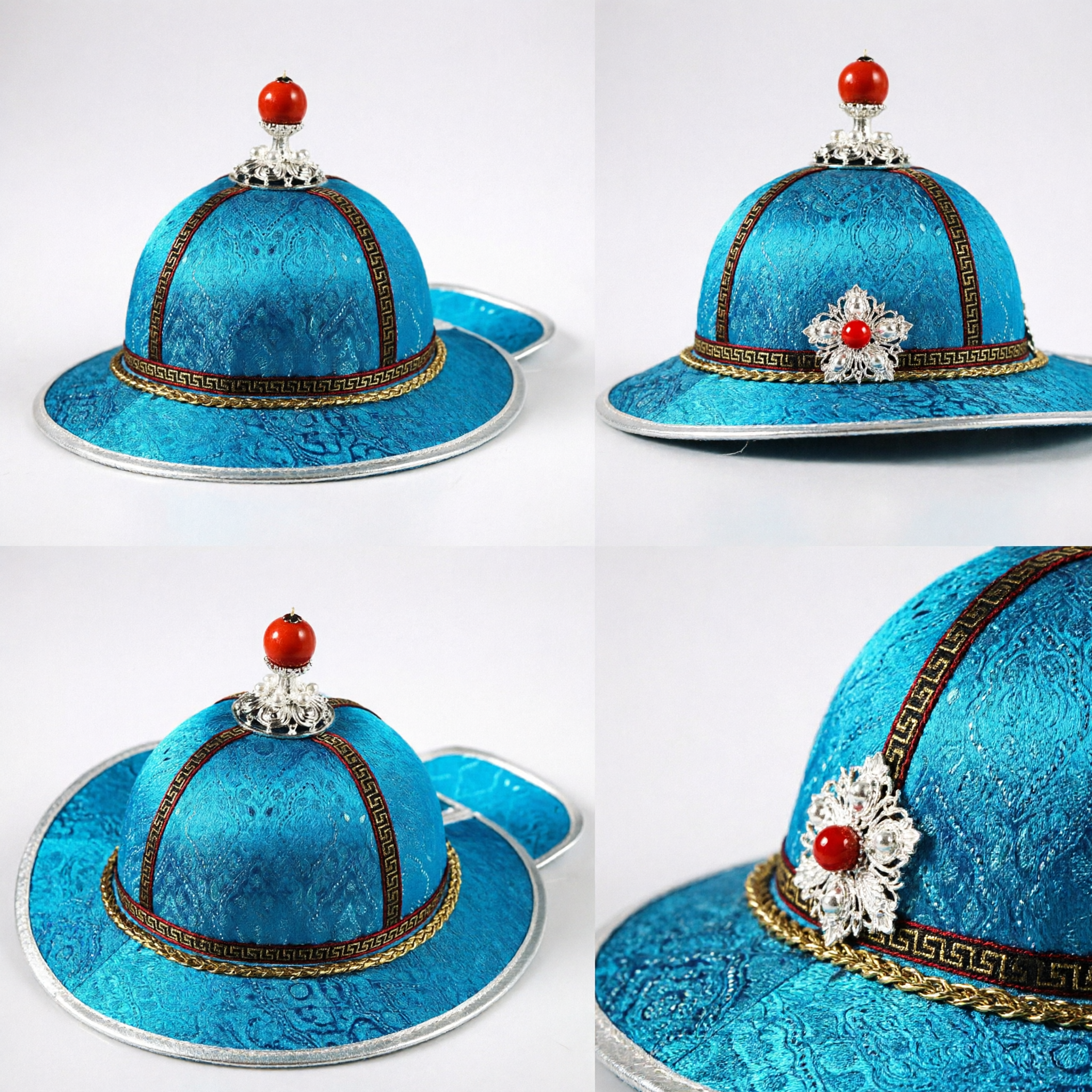 Chapeau officiel en soie bleue de la dynastie Qing chinoise traditionnelle avec perle rouge pour hommes - Costume historique et cosplay - Asian Costume