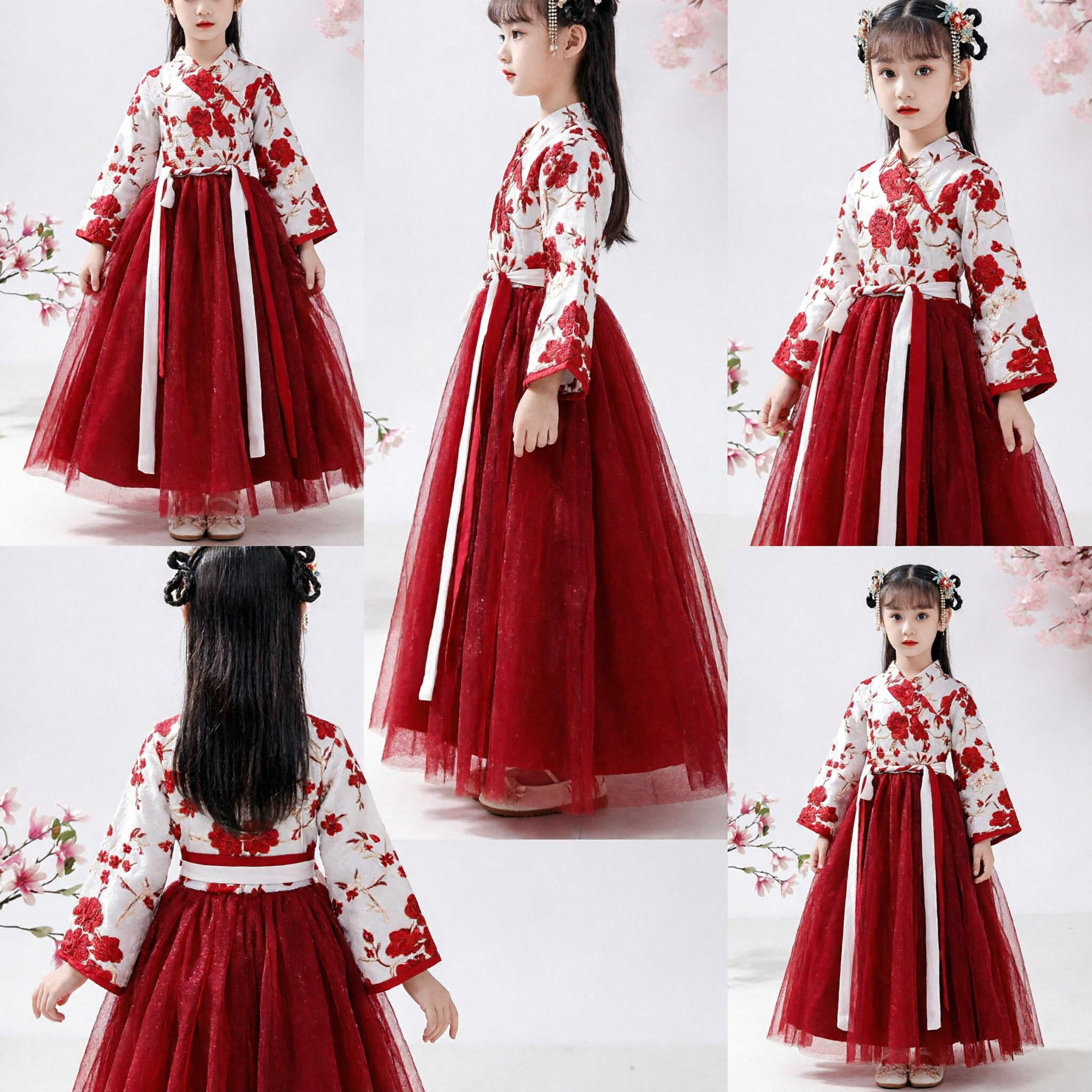 Robe Hanfu chinoise traditionnelle pour filles - Costume princesse style ancien rouge floral pour enfants pour spectacle - Asian Costume