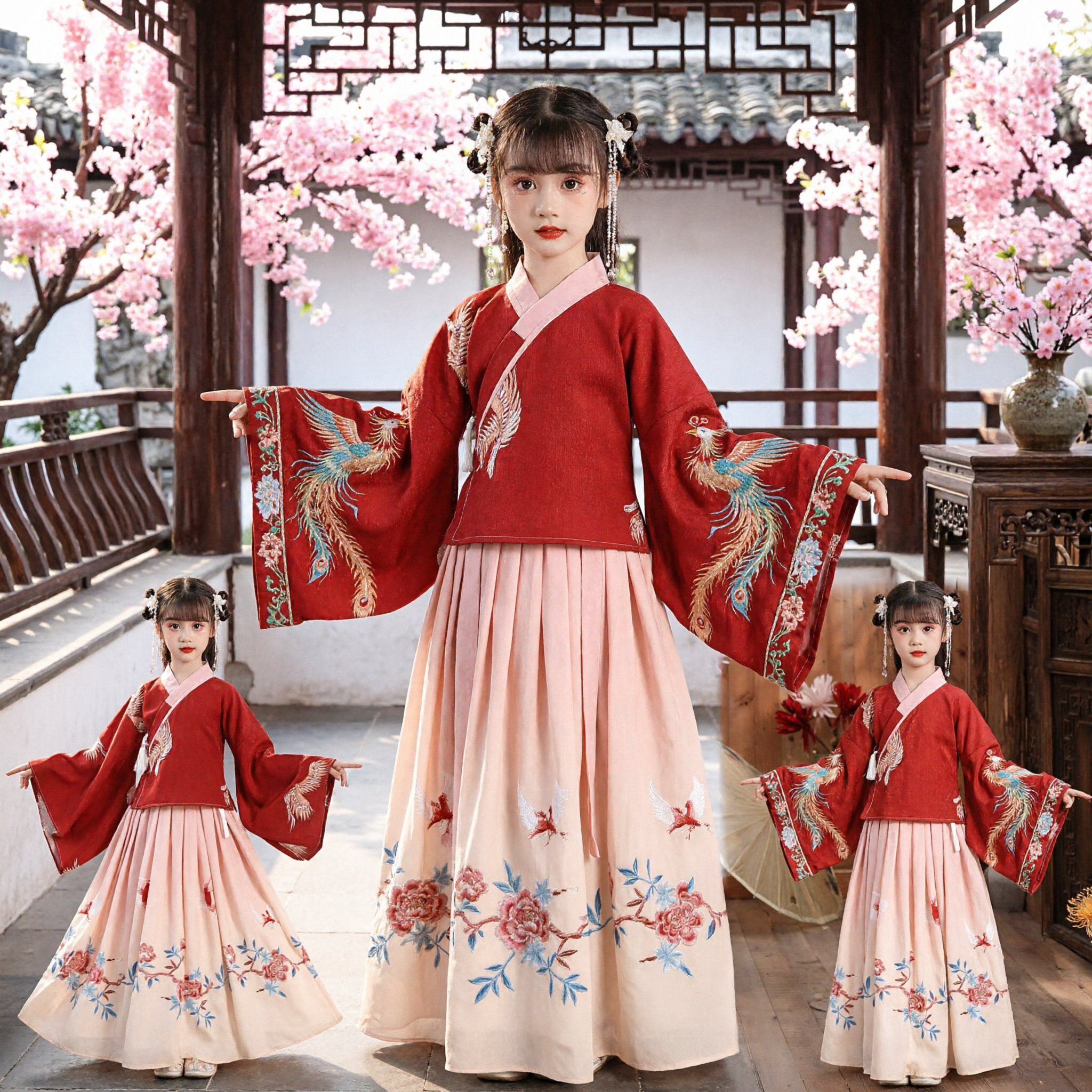 Kids Chinese Traditional Hanfu Costume Girls Ancient Palace Dress Red Crane Embroidery Top Pink Floral Skirt for Festivals - Asian Costume