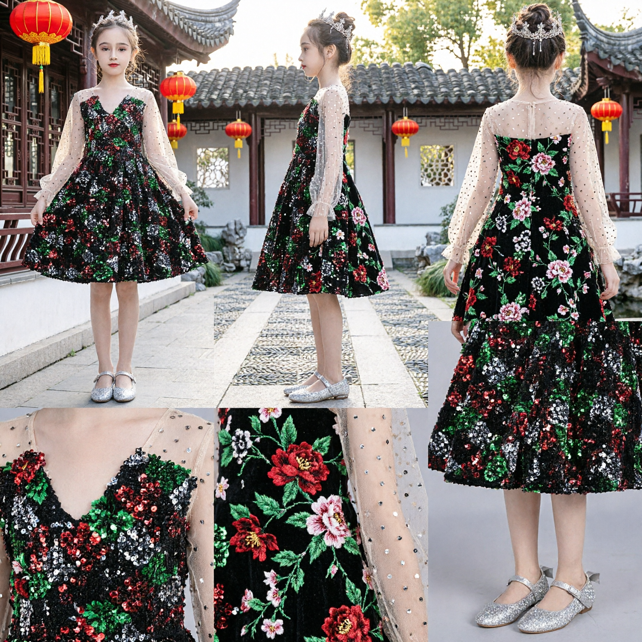 Vestido de Lentejuelas para Niñas, Manga Larga de Tul, Traje para Presentaciones en Escenario, Fiesta y Vestido de Fiesta - Asian Costume