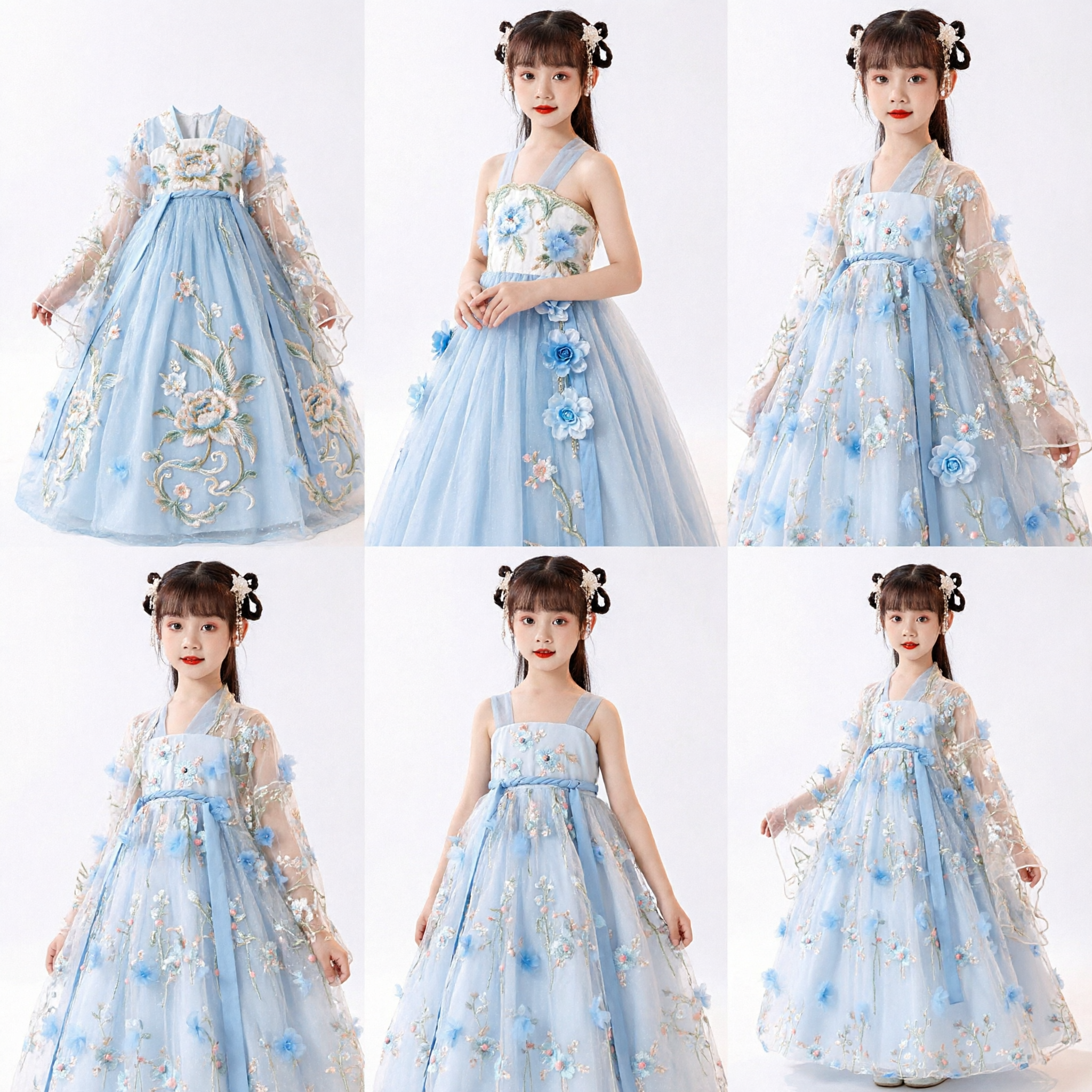 Traditional Chinese Hanfu Dress for Girls Blue Fairy Ancient Costume Embroidered Kids Clothing for Performance - Asian Costume