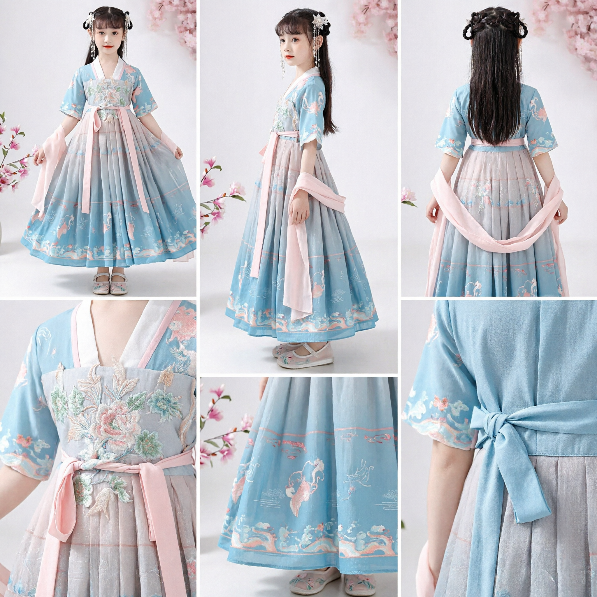 Traditional Chinese Hanfu Dress for Girls Tang Dynasty Embroidered Princess Costume Blue Pink Kids Clothing - Asian Costume