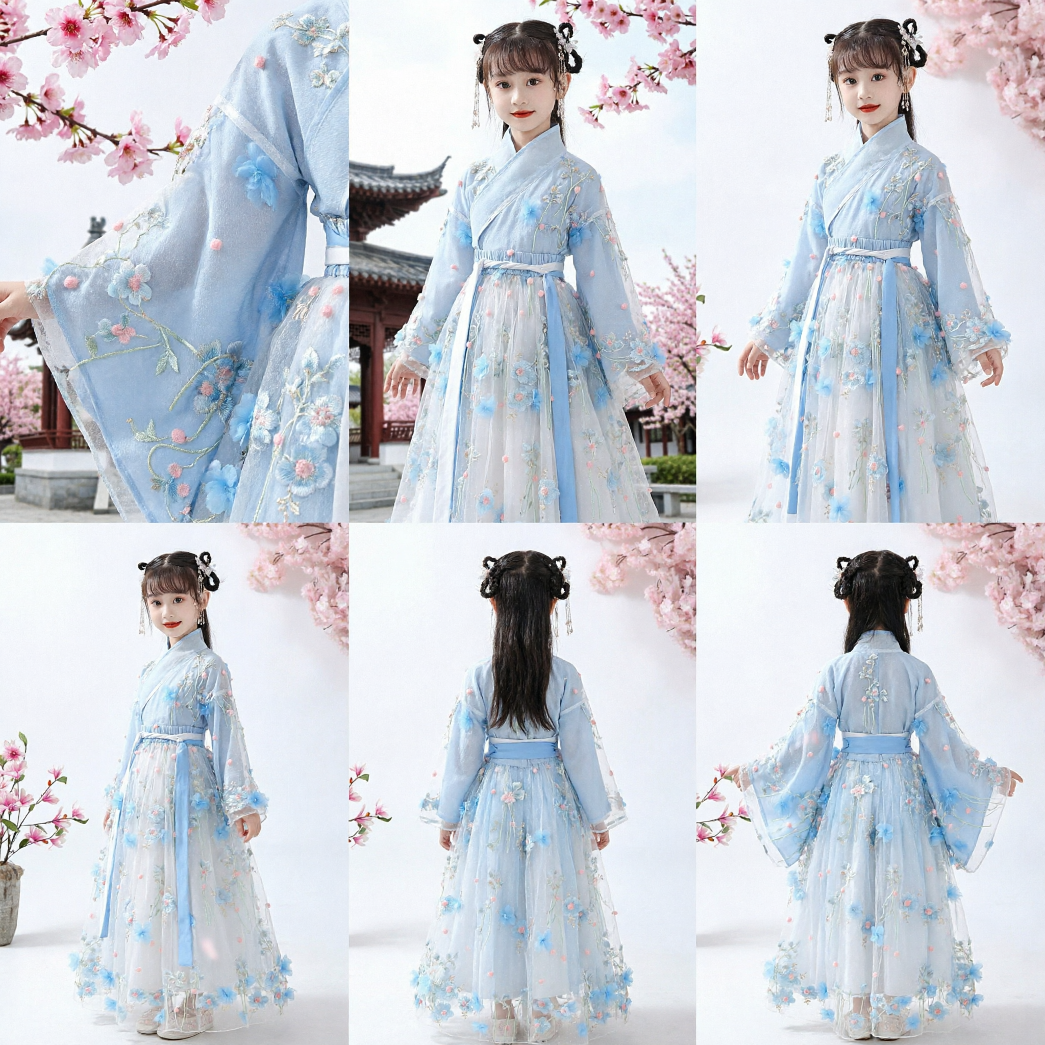 Vestido Hanfu Chinês com Bordado Floral Azul para Meninas, Traje Tradicional de Fada, Roupa Antiga Infantil - Asian Costume