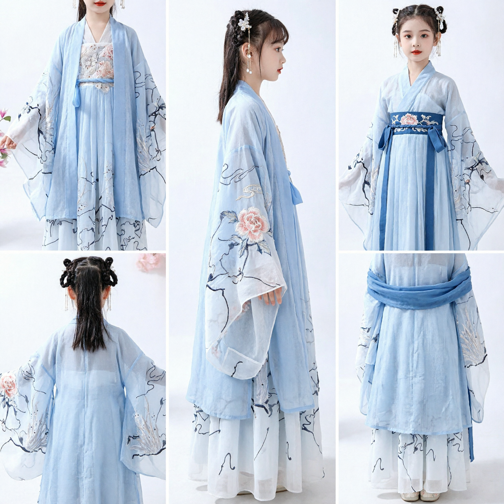 子供伝統的中国漢服ドレス 青墨絵風古代衣装 女児用 祭りパフォーマンス - Asian Costume