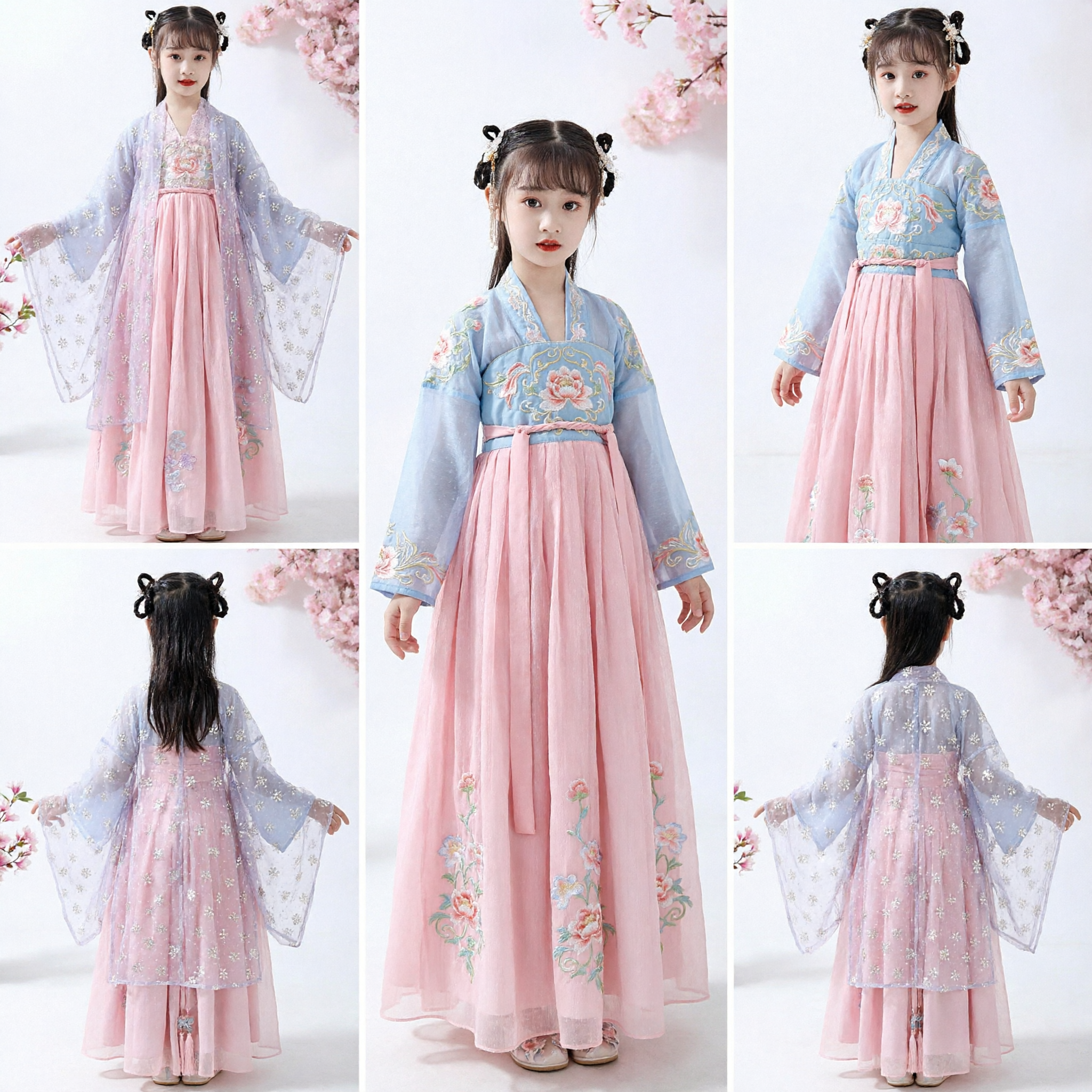 Traje Hanfu Tradicional Chino Infantil para Niñas, Vestido de Hada de la Dinastía Tang, Falda Rosa y Túnica Azul Floral - Asian Costume