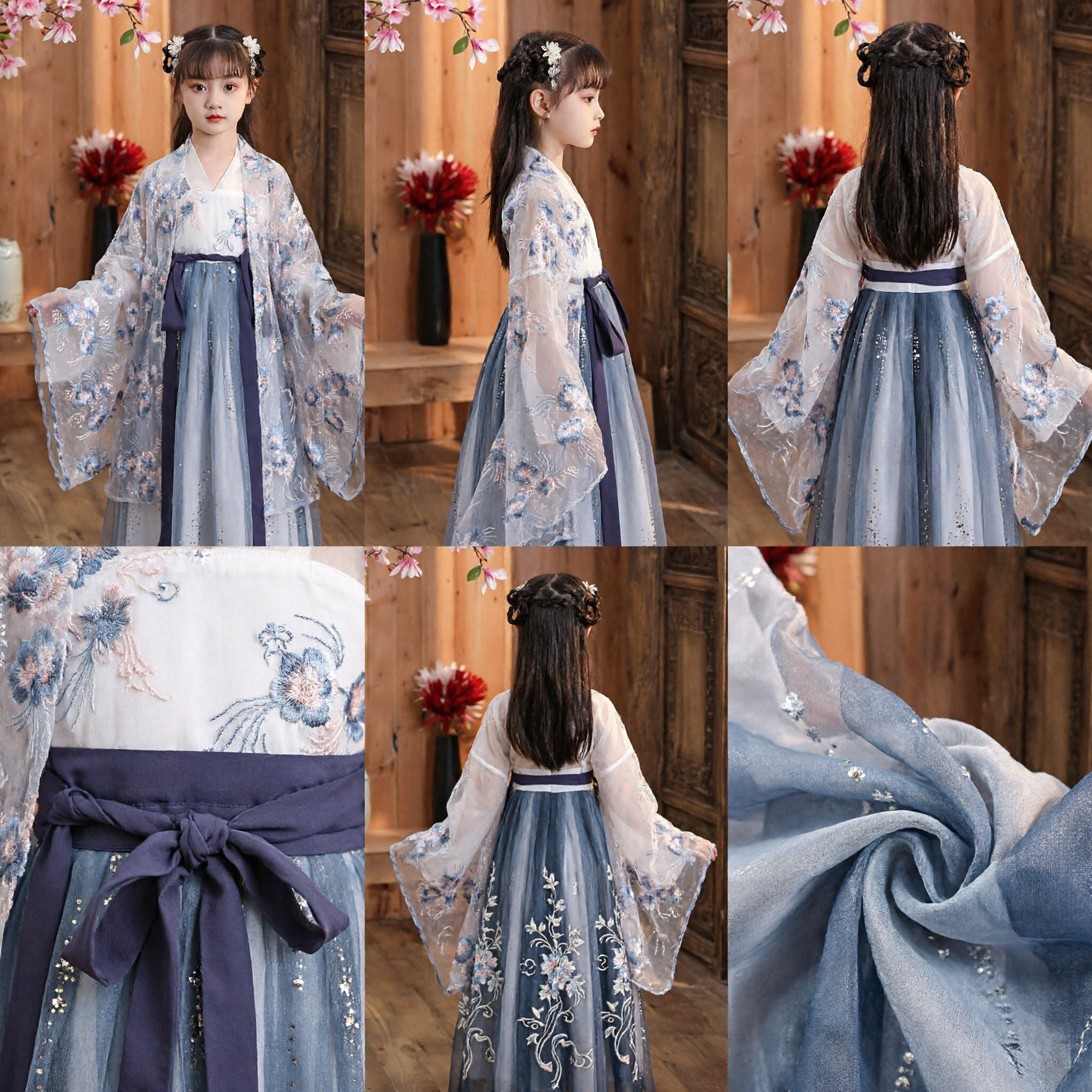 Kinder chinesisches Hanfu traditionelles Kostüm, Mädchen antikes Prinzessinnenkleid, blaue Blumenstickerei Feen-Outfit - Asian Costume