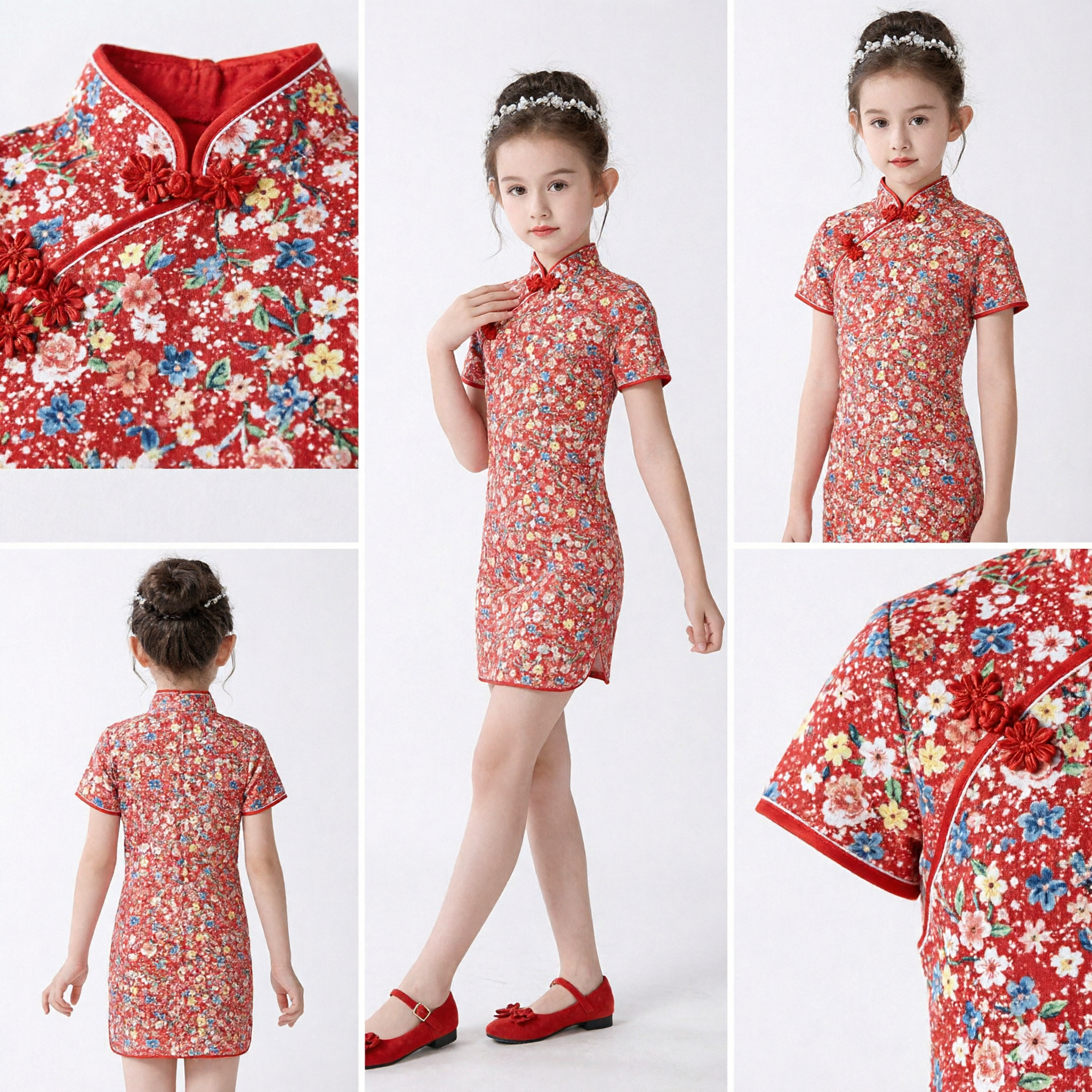 Mädchen Traditionelles Chinesisches Qipao Kleid Rot Blumenkurzarm Cheongsam Kinder Hochzeits Party Auftrittskostüm - Asian Costume