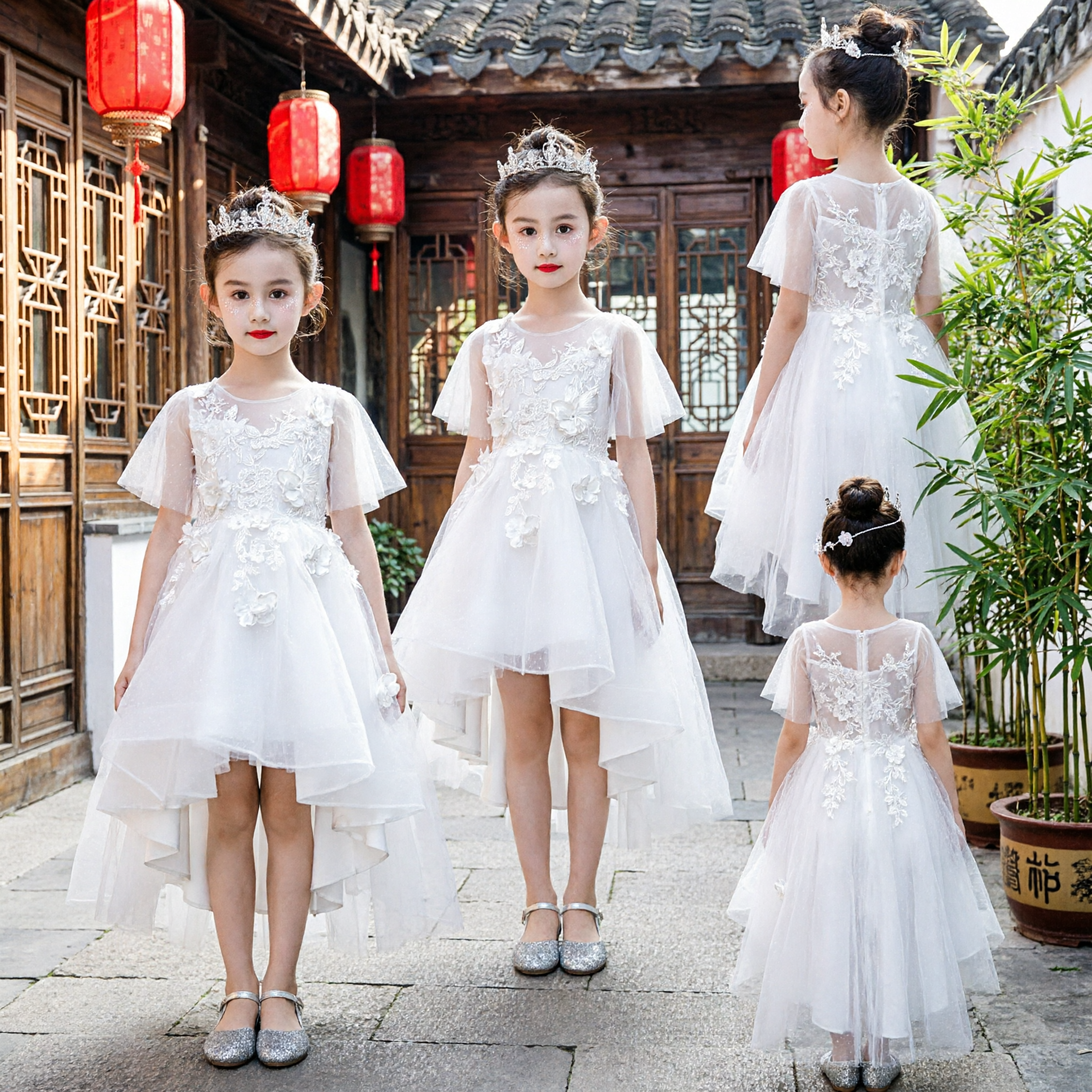 Elegantes Weißes Spitzen Blumenmädchenkleid High Low Tüllrock Erstkommunion Schönheitswettbewerb Kleid für Kinder - Asian Costume