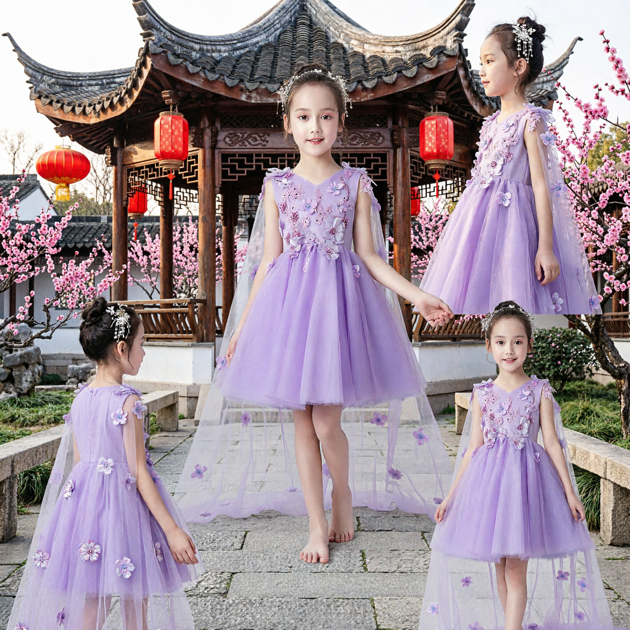 Robe de princesse fée violette pour filles avec appliqués floraux et papillons 3D, robe en tulle, costume de fille d'honneur de mariage - Asian Costume