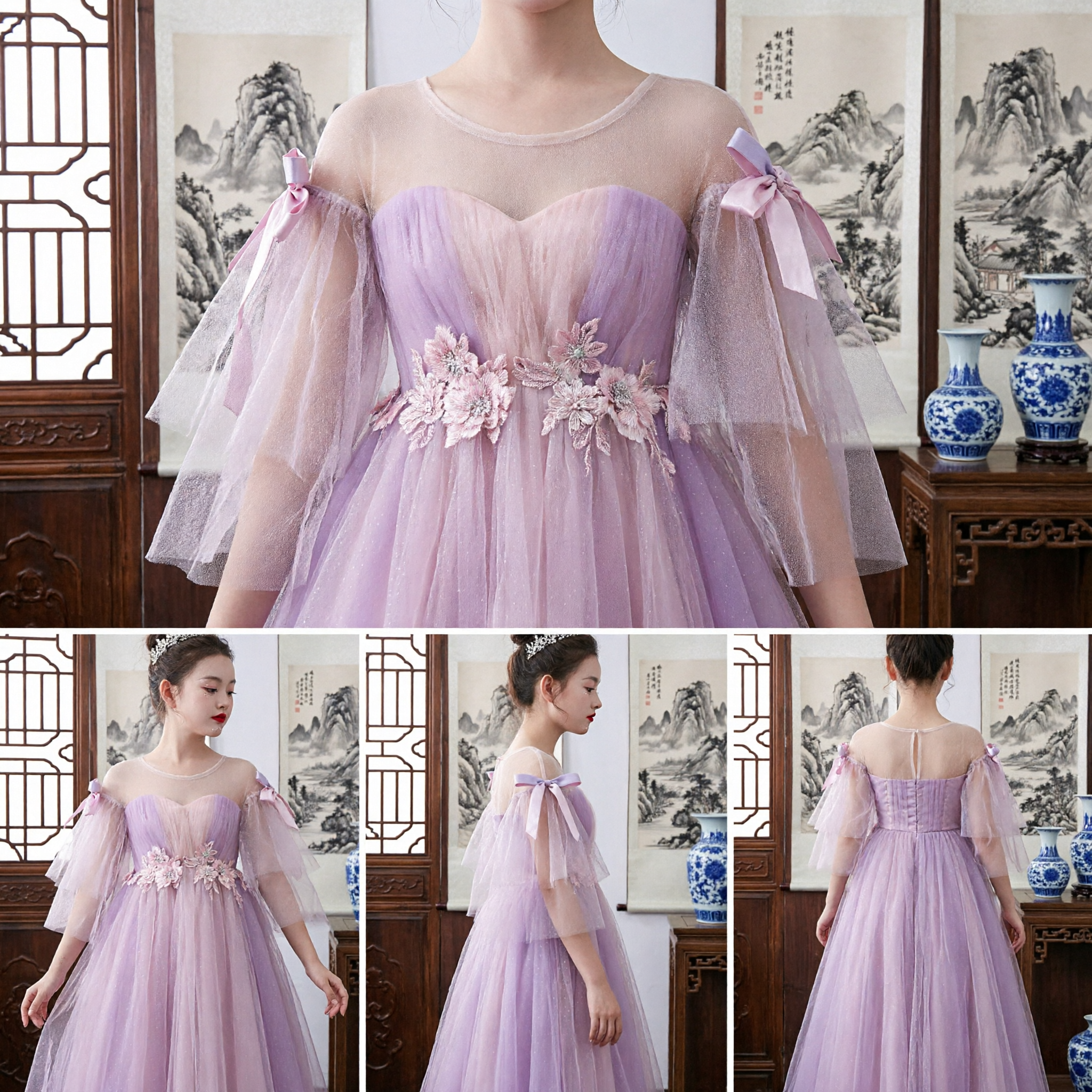 Robe élégante pour fille d'honneur en tulle violet, longue robe formelle de princesse pour mariage, concours et fête d'enfants - Asian Costume