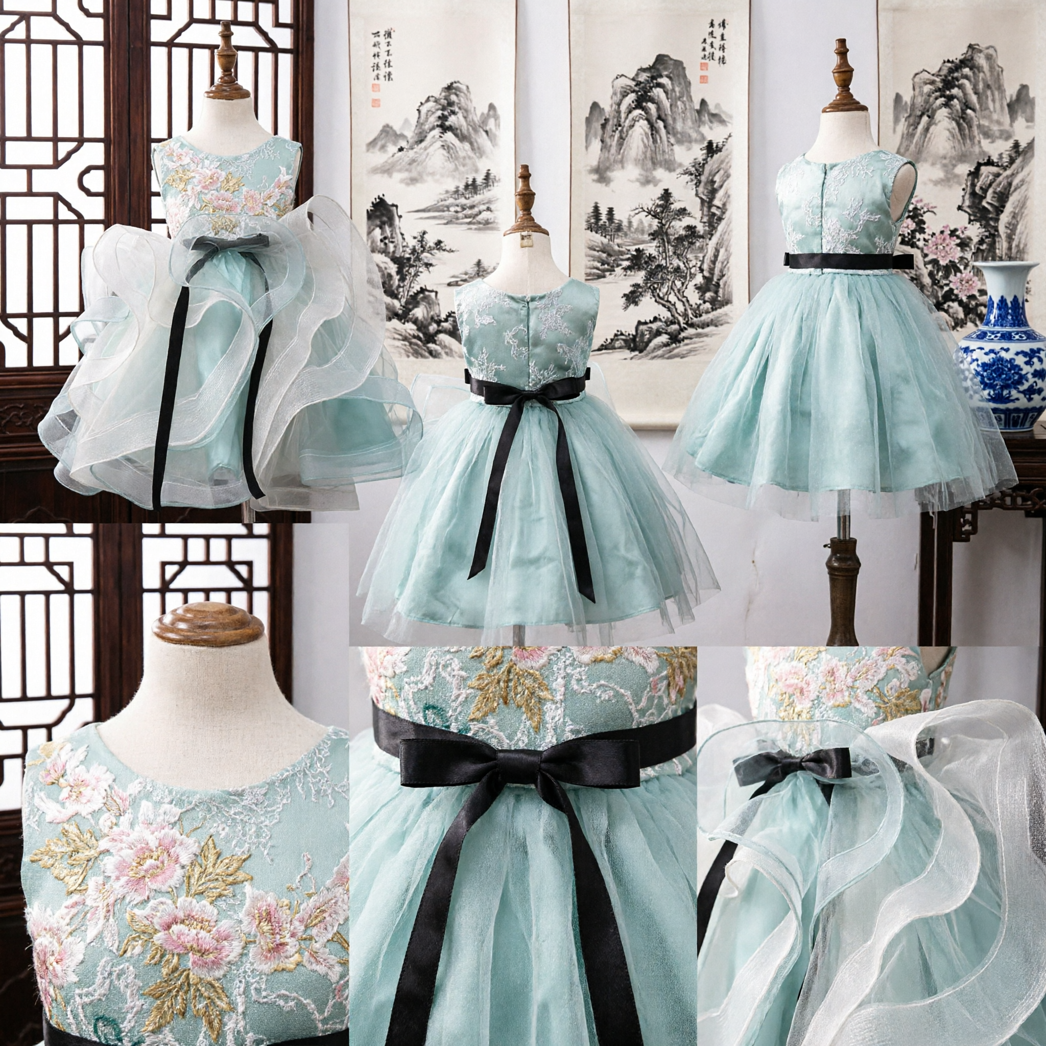 Elegantes Mädchen Blumenstickerei Hanfu Kleid Hellblau Tüllkleid für Hochzeitsparty Auftritt - Asian Costume