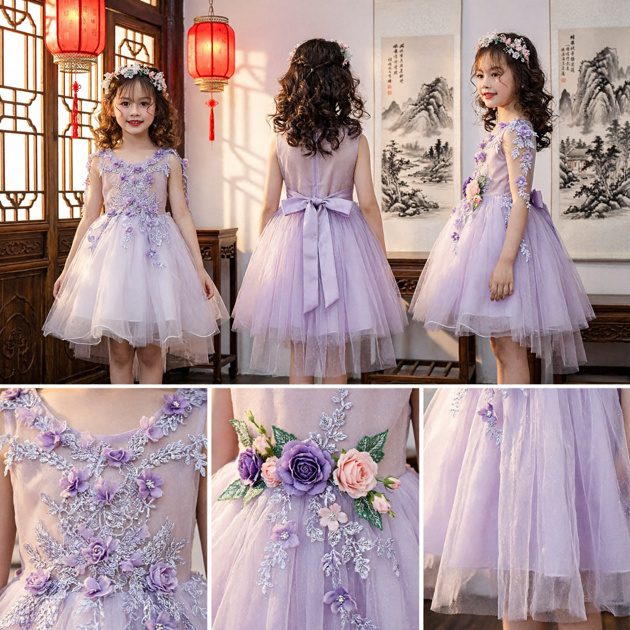 Elegantes Lila Spitzen Blumenmädchenkleid mit Blumenapplikation Tüllrock für Kinder Hochzeitsparty - Asian Costume