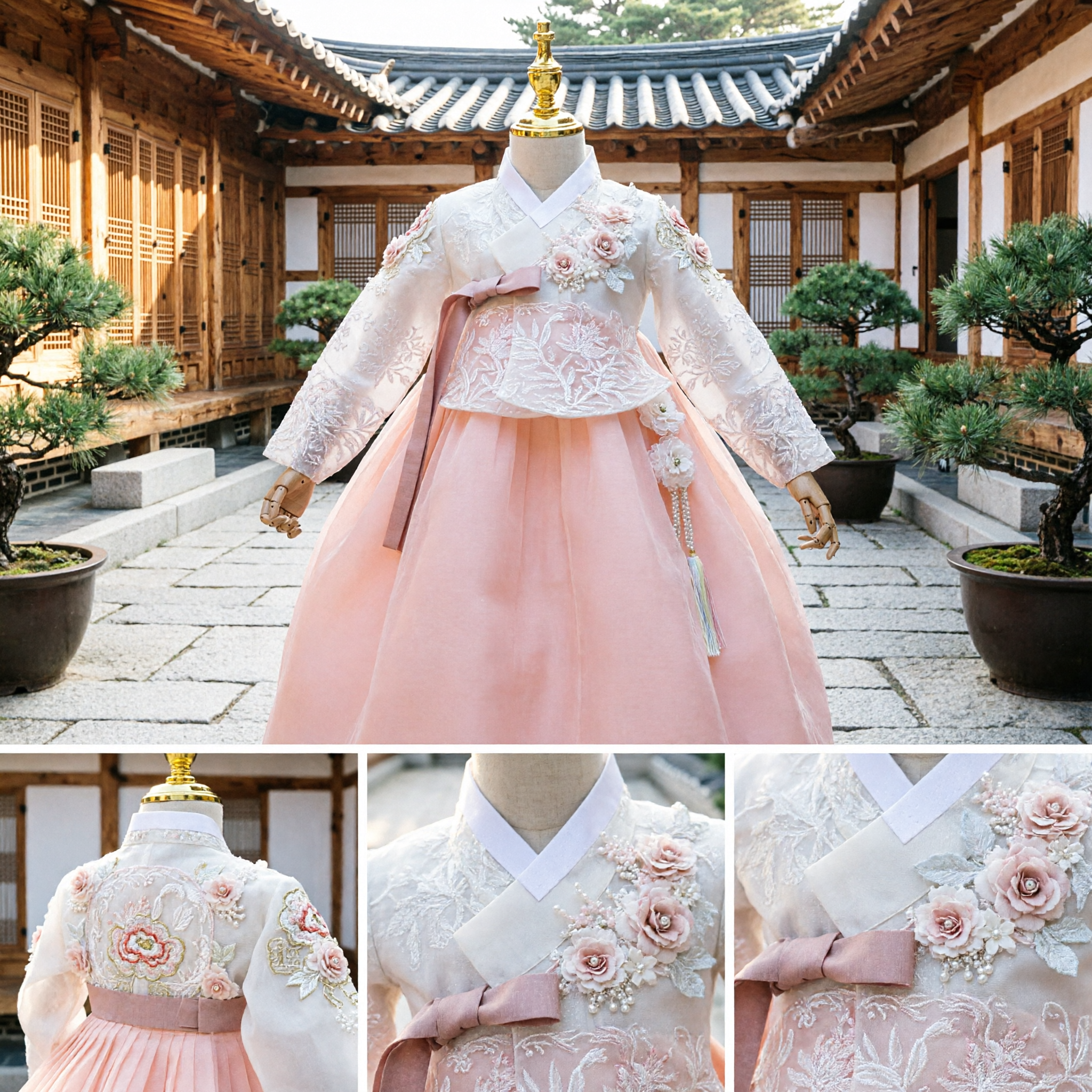 Conjunto Hanbok Tradicional Coreano para Niñas, Top Blanco de Encaje Floral con Falda Melocotón para Primer Cumpleaños y Bodas - Asian Costume