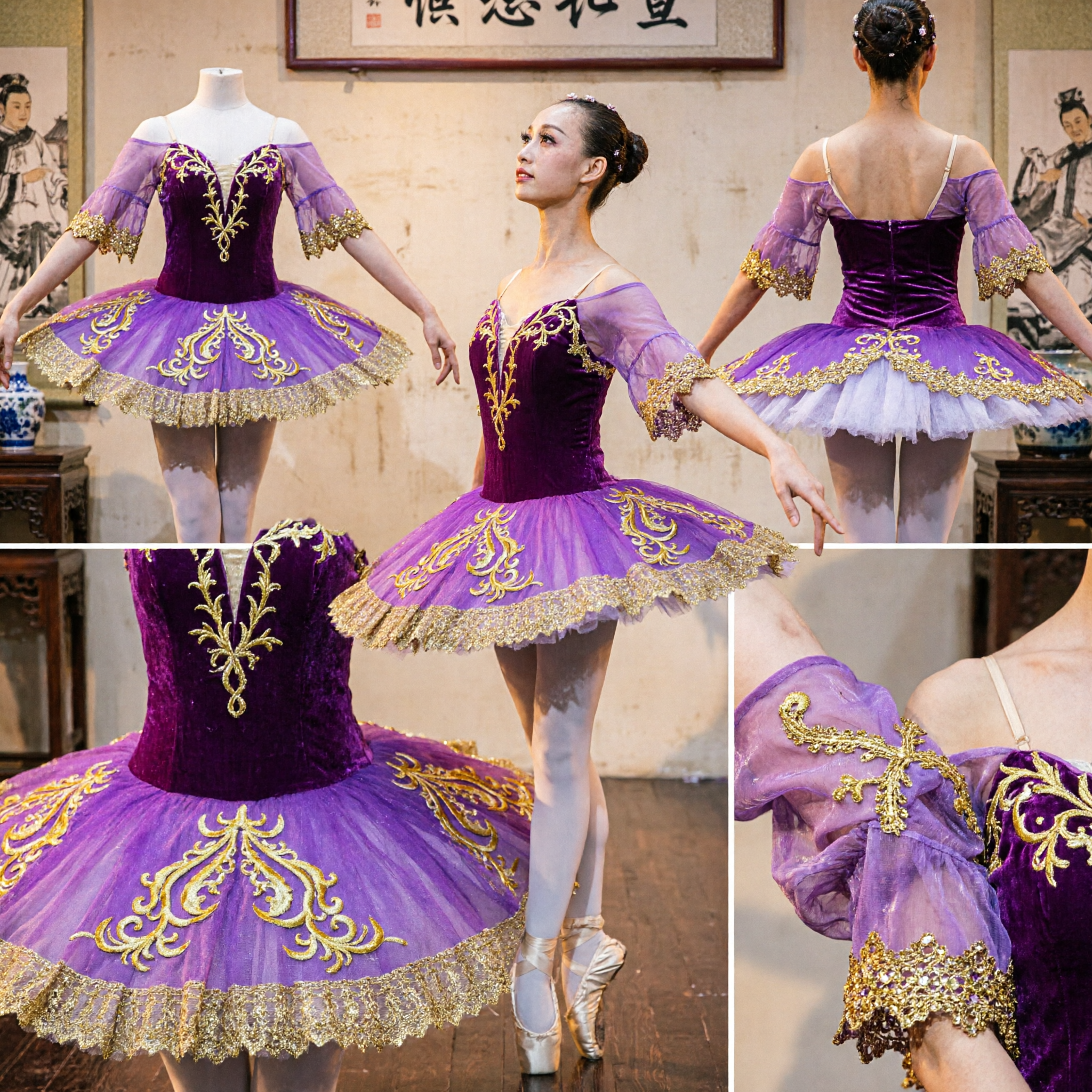 Tutu Classico da Balletto Professionale Corpetto in Velluto Viola con Ricami in Oro per Spettacoli e Competizioni - Asian Costume