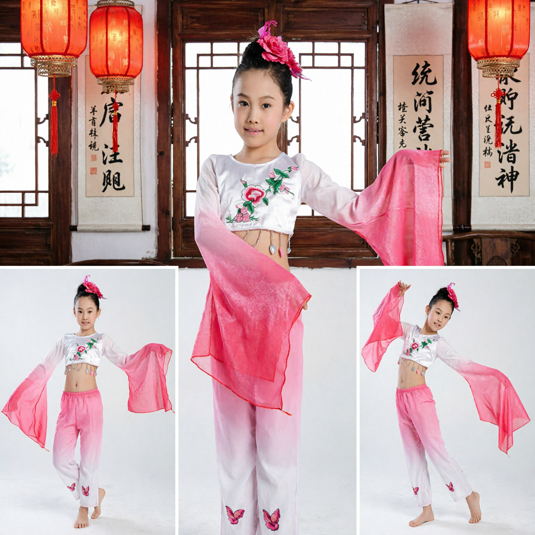 Costume da Danza Folk Cinese per Ragazze Rosa Completo da Performance Yangge Tradizionale con Pantaloni a Sfumatura e Maniche ad Acqua - Asian Costume