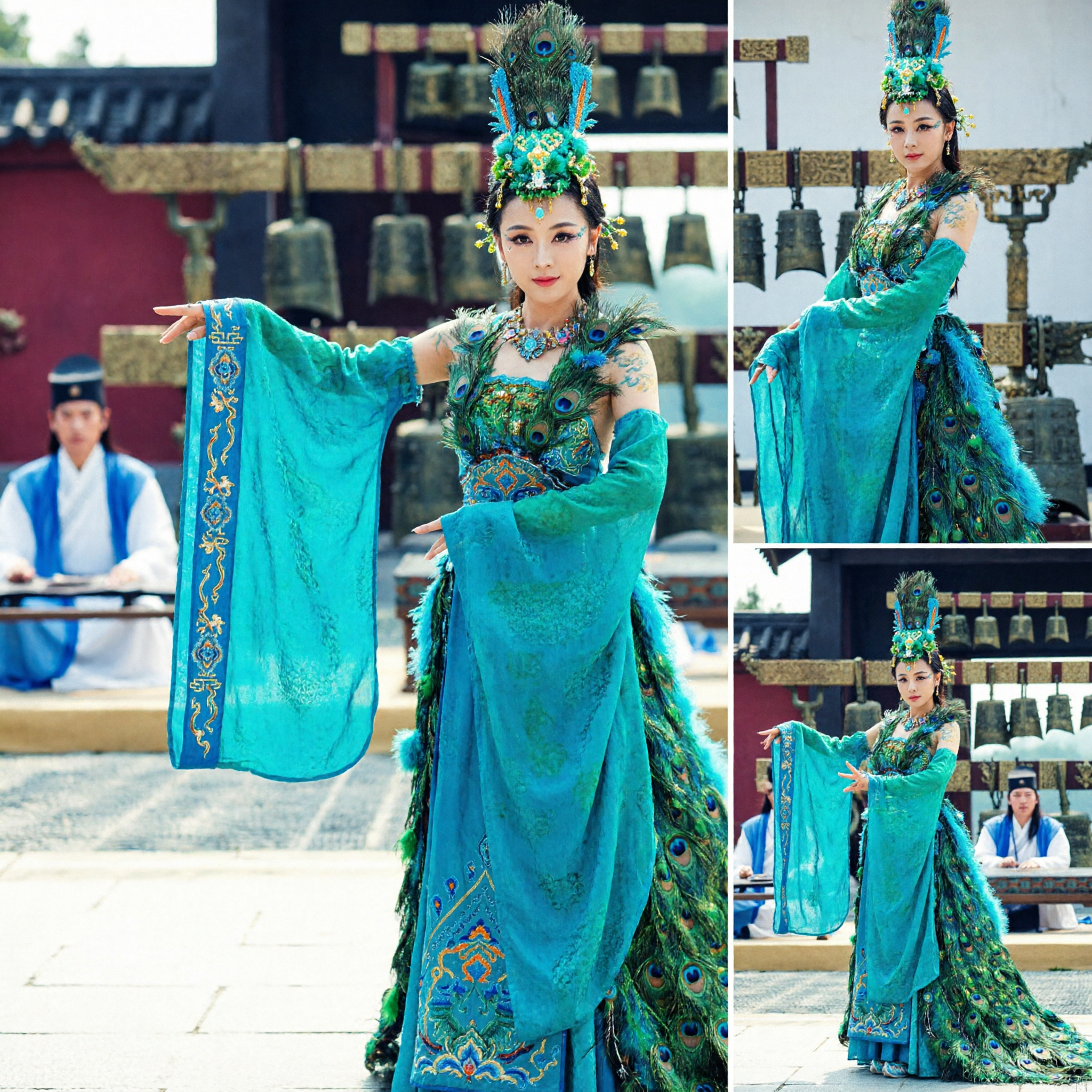 Traje de Dança do Pavão Azul-Petróleo Exquisito Vestido de Performance Clássico Chinês Antigo com Tocado para Mulheres para Espetáculo no Palco - Asian Costume