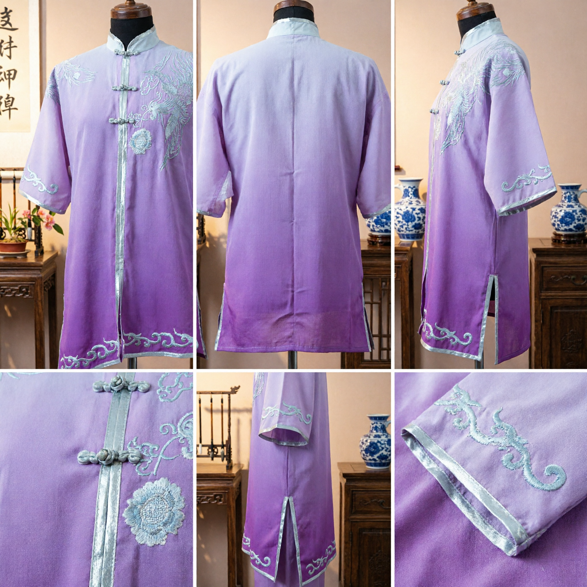 Tenue Tang traditionnelle chinoise brodée d'un phénix violet, uniforme de Kung Fu pour performance de Tai Chi et arts martiaux - Asian Costume