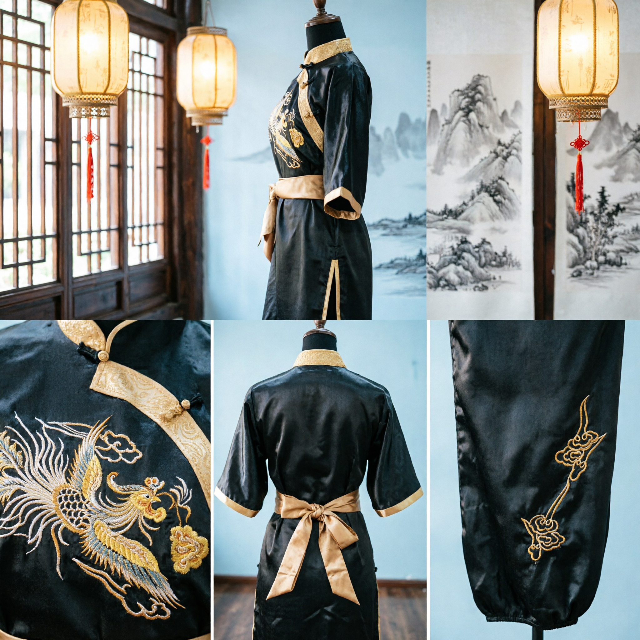 Männer traditionelles Kung Fu Uniform-Set mit goldener Drachen- und Phönix-Stickerei Wushu Tai Chi Anzug - Asian Costume