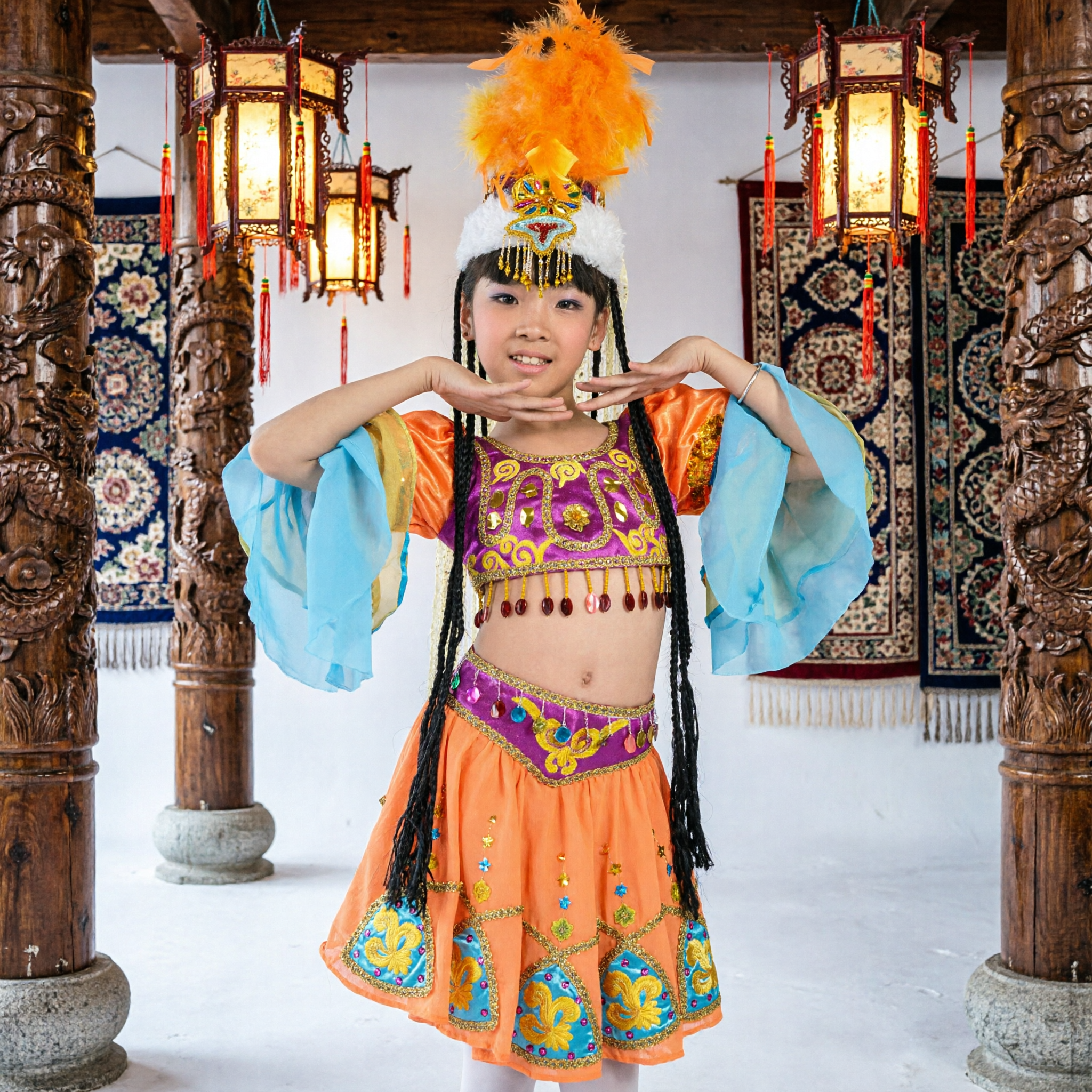 Traje de Danza Étnica Uigur China para Niñas Vestido Tradicional para Actuación en Escenario con Sombrero de Plumas - Asian Costume