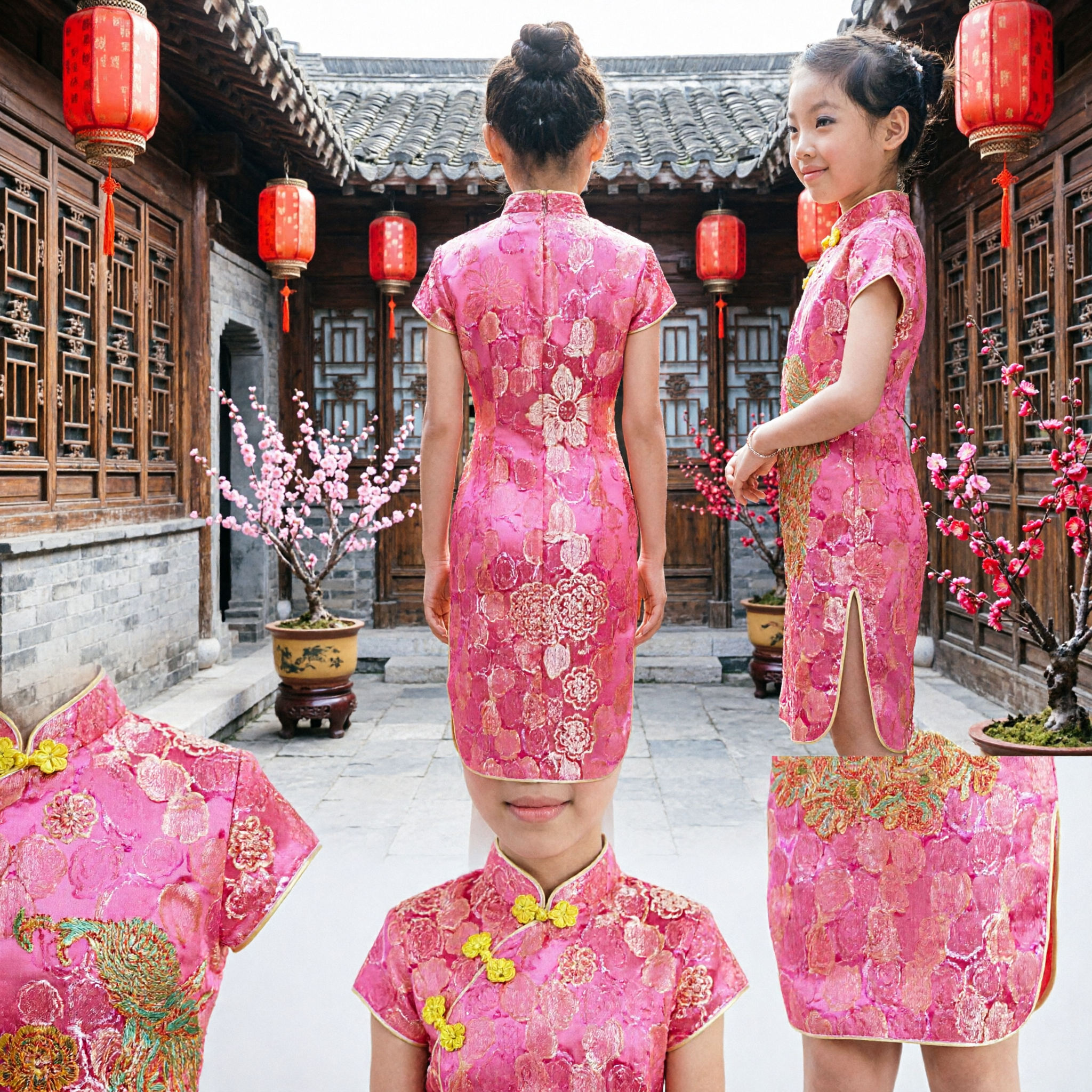 Meisjes Roze Traditionele Chinese Cheongsam Jurk Kinderen Zijde Qipao met Pauwenprint voor Festival en Feest - Asian Costume