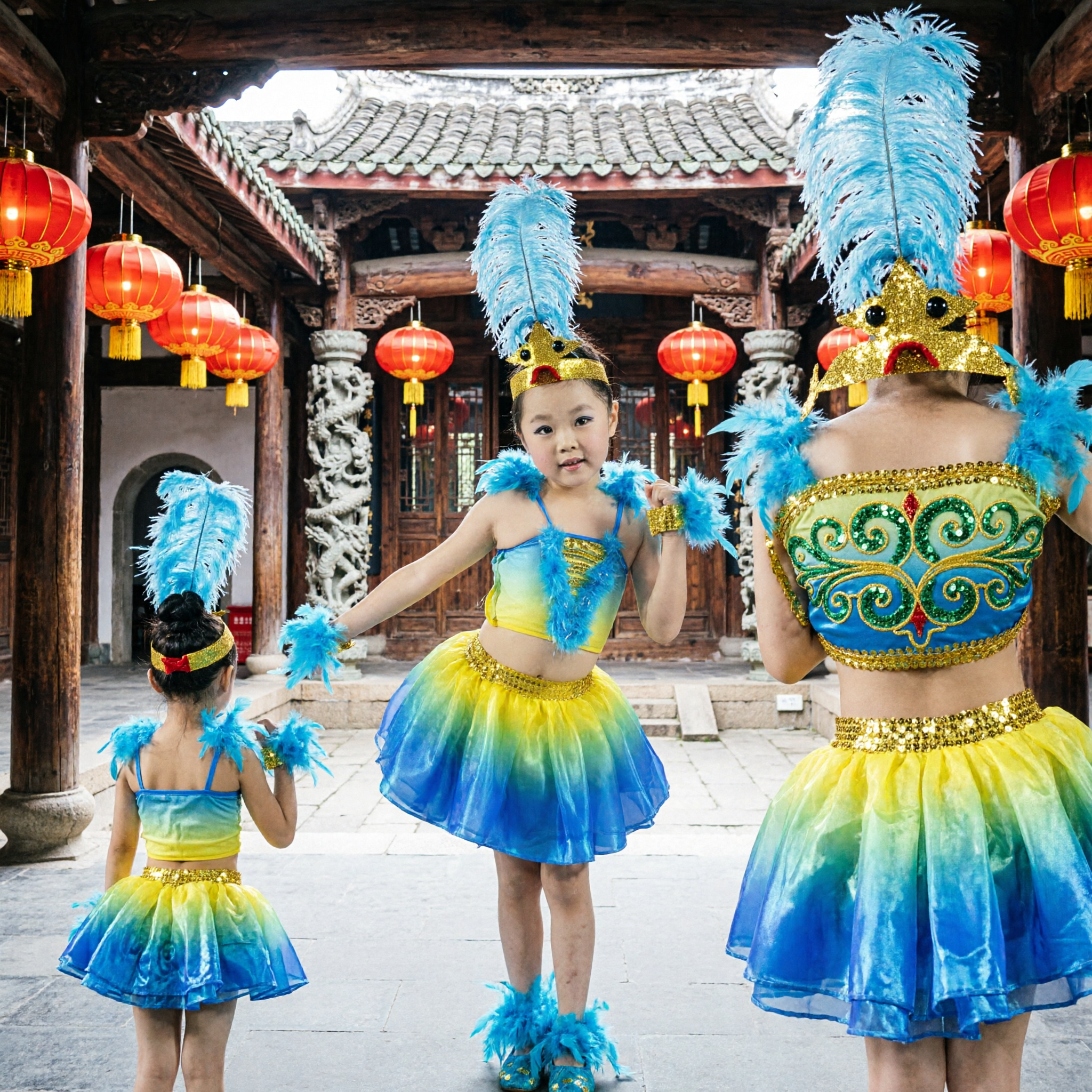 Танцевальный костюм павлина для девочек, сине-желтое градиентное платье пачка с головным убором из перьев для сценических выступлений - Asian Costume