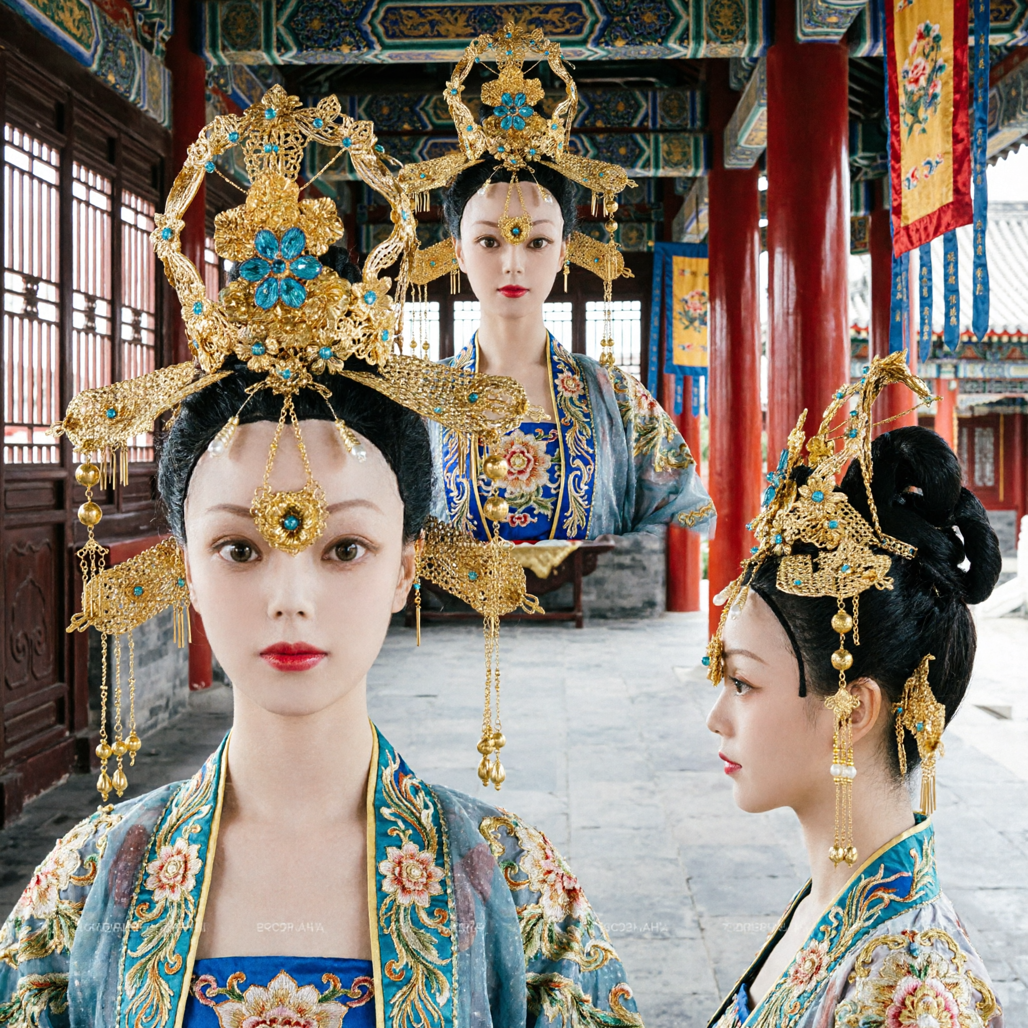 Traditionele Oude Chinese Gouden Feniks Kroon Haarspeld met Blauwe Edelstenen Hanfu Hoofdtooi voor Vrouwen Bruiloft Cosplay - Asian Costume
