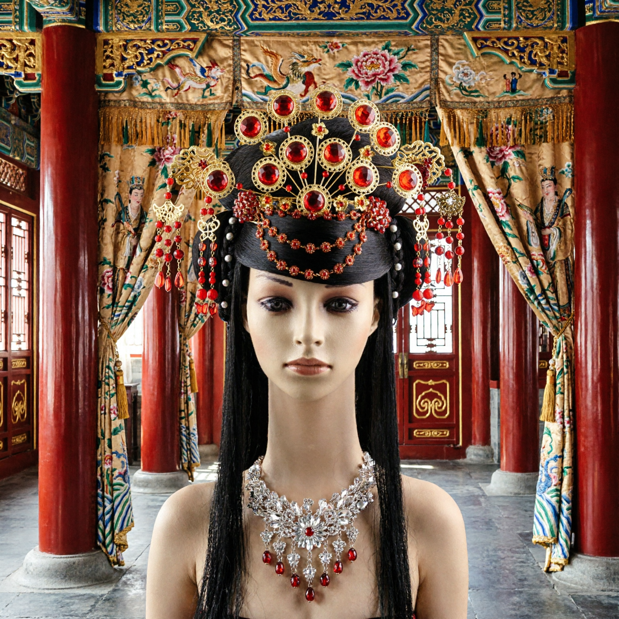 Coiffe d'Opéra Chinois Traditionnel Couronne de Phénix Rouge et Or pour Femmes Accessoire Capillaire de Mariée pour Costume Hanfu - Asian Costume