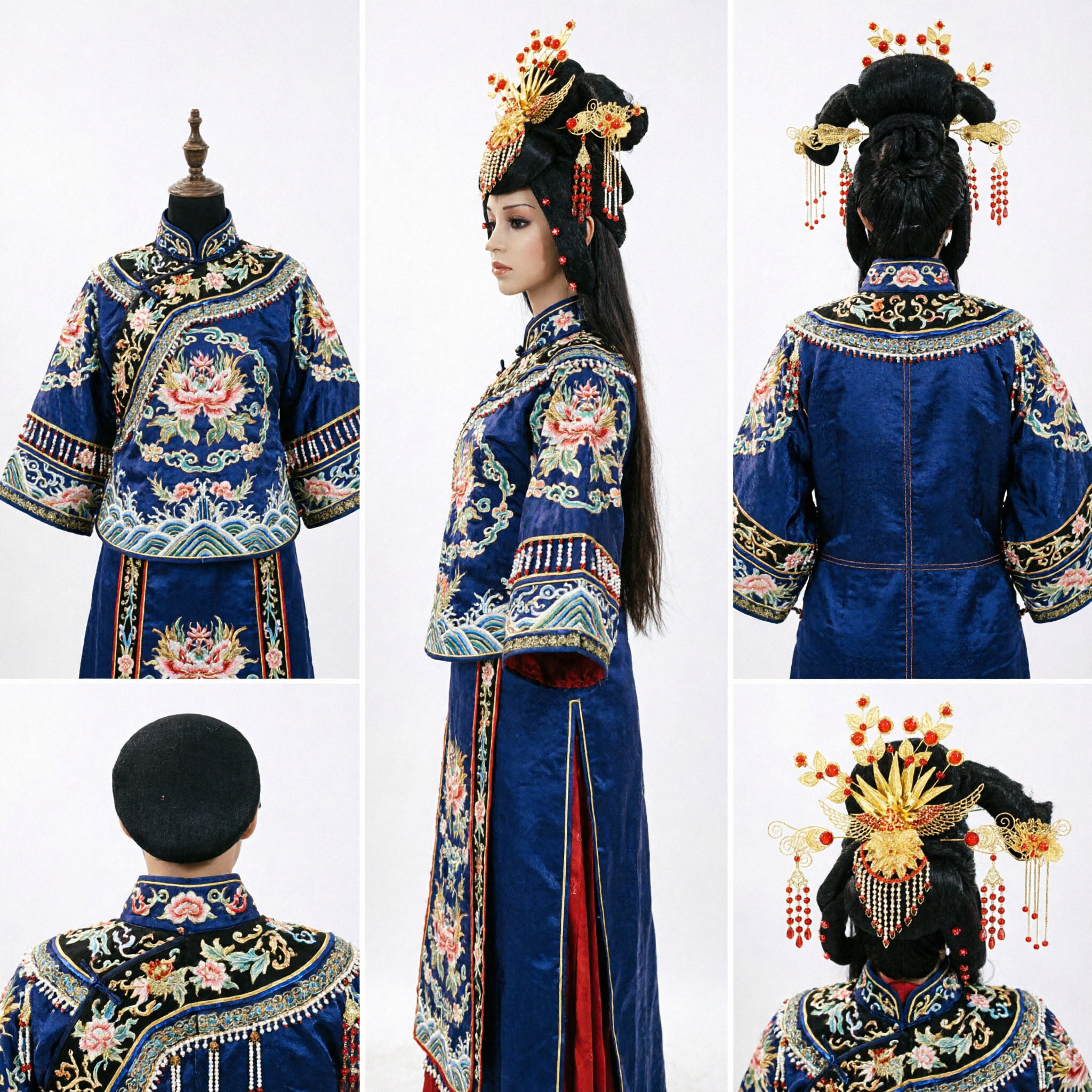 Tradycyjna peruka starożytnej chińskiej księżniczki ze złotą koroną feniksa i czerwonymi frędzlami z koralików na cosplay Hanfu - Asian Costume