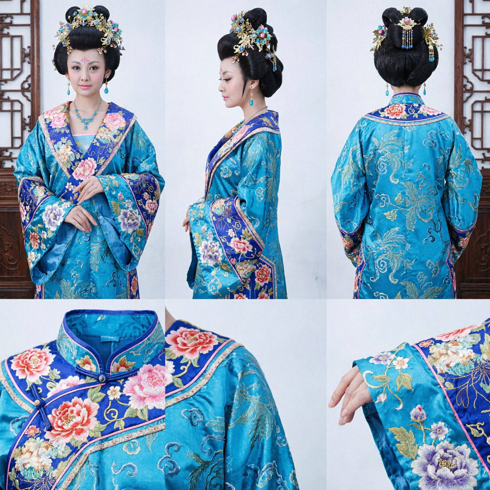 غطاء رأس أميرة سلالة تانغ الصينية القديمة التقليدية - تاج ذهبي مزهر مع جواهر زرقاء لزي هانفو وتنكر الشخصيات - Asian Costume