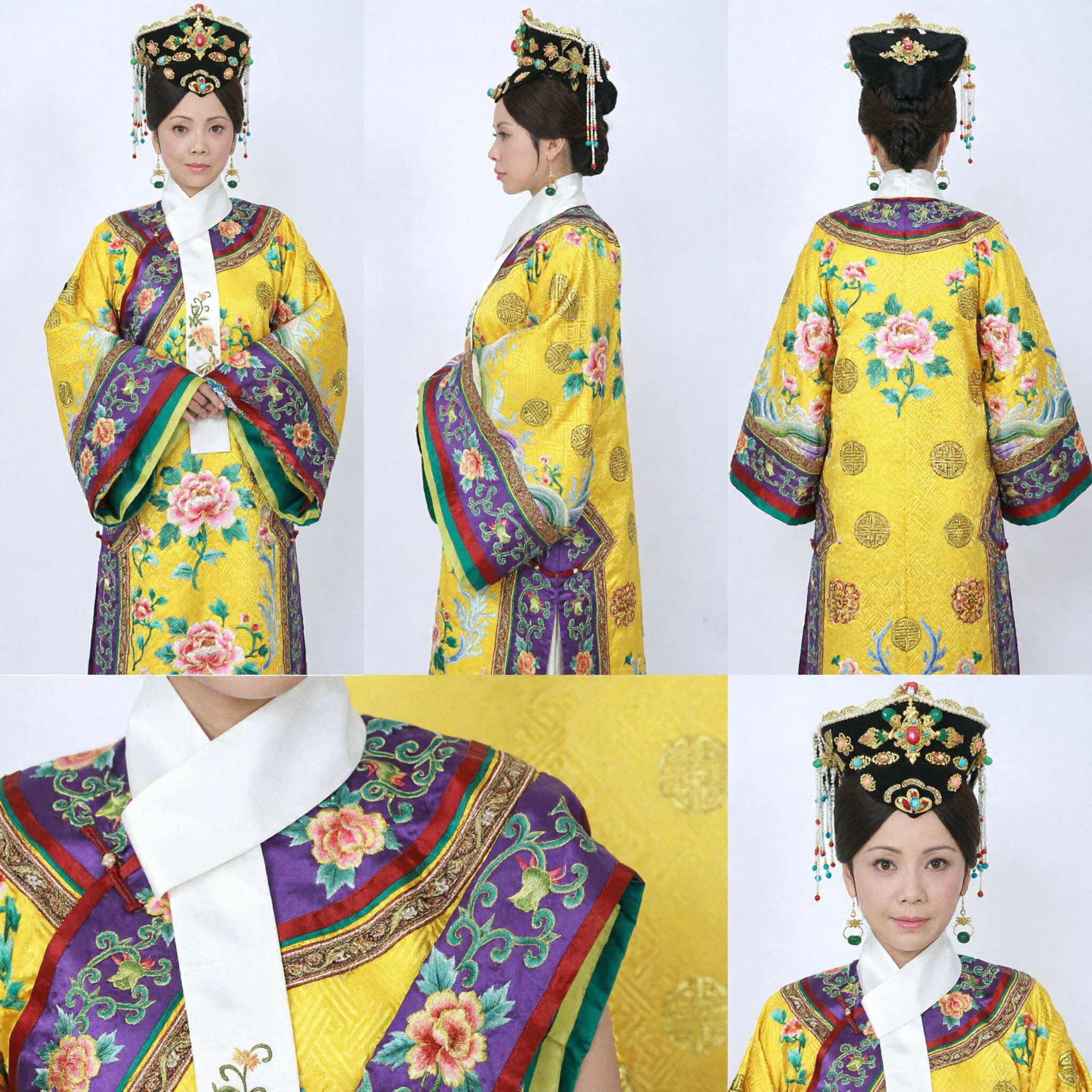 Traje Tradicional de Emperatriz de la Dinastía Qing China Túnica Amarilla Bordada y Conjunto de Tocado Manchú para Cosplay de Mujer - Asian Costume