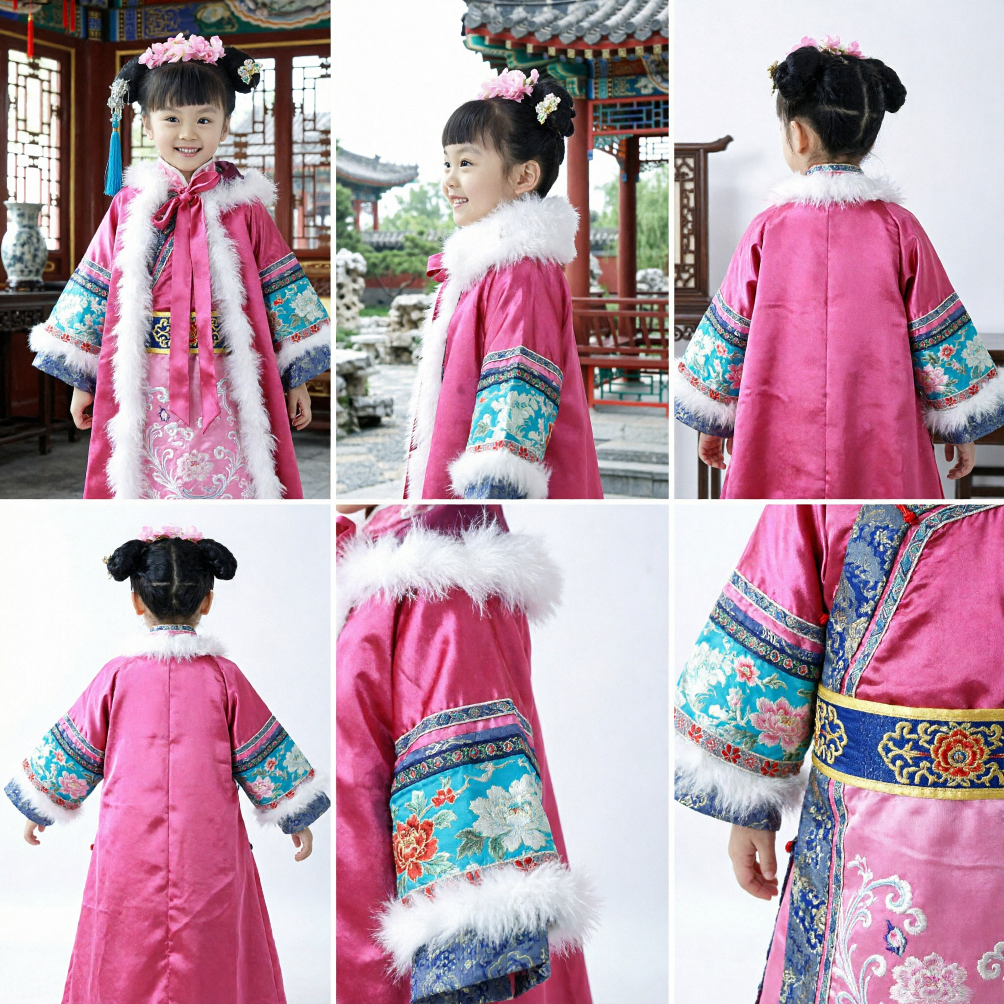 전통 중국 소녀 청나라 공주 의상 분홍색 모피 망토 한복 드레스 어린이 설날 - Asian Costume