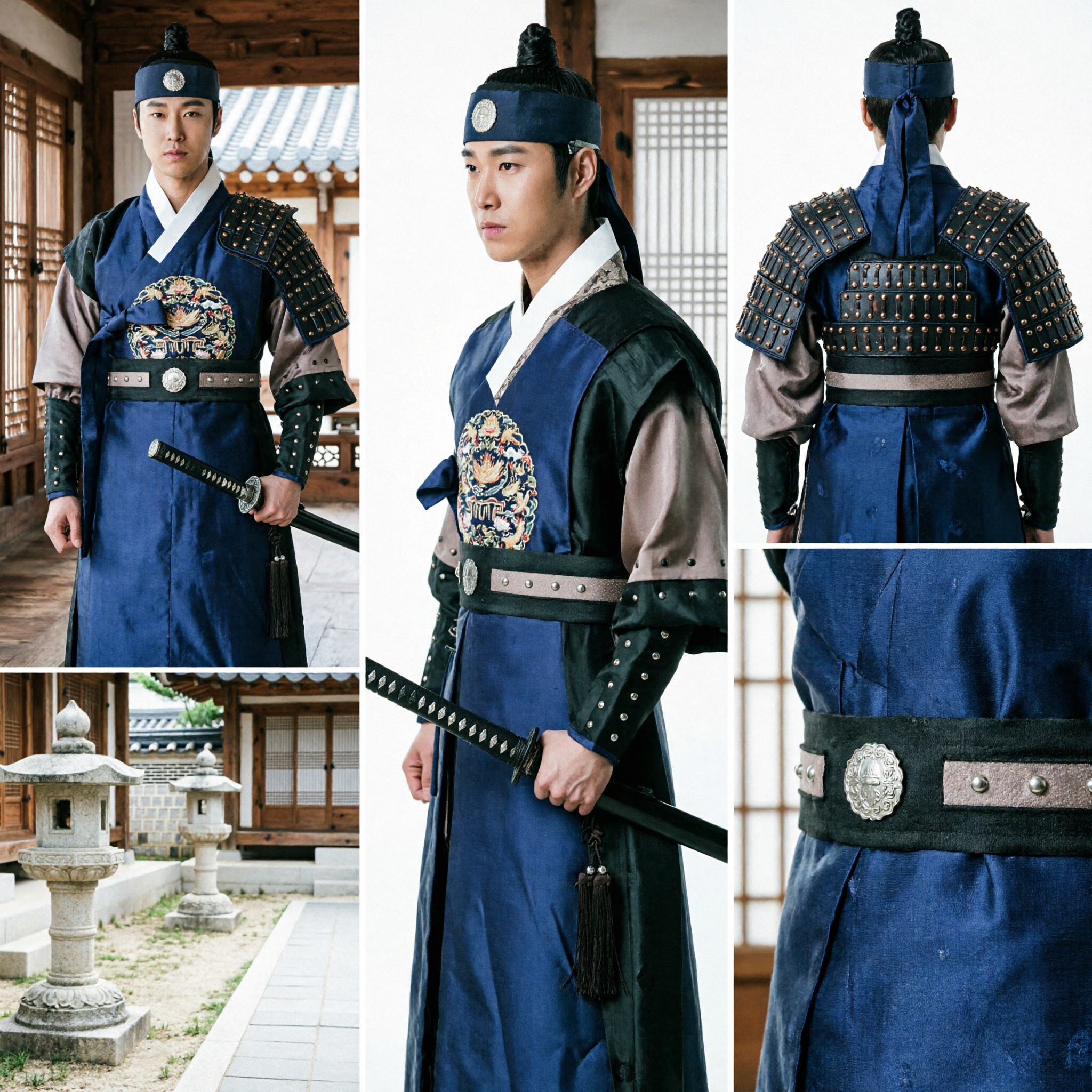Traditional Korean Warrior Hanbok Costume Men Blue Robe with Black Armor and Hat for Cosplay - Asian Costume