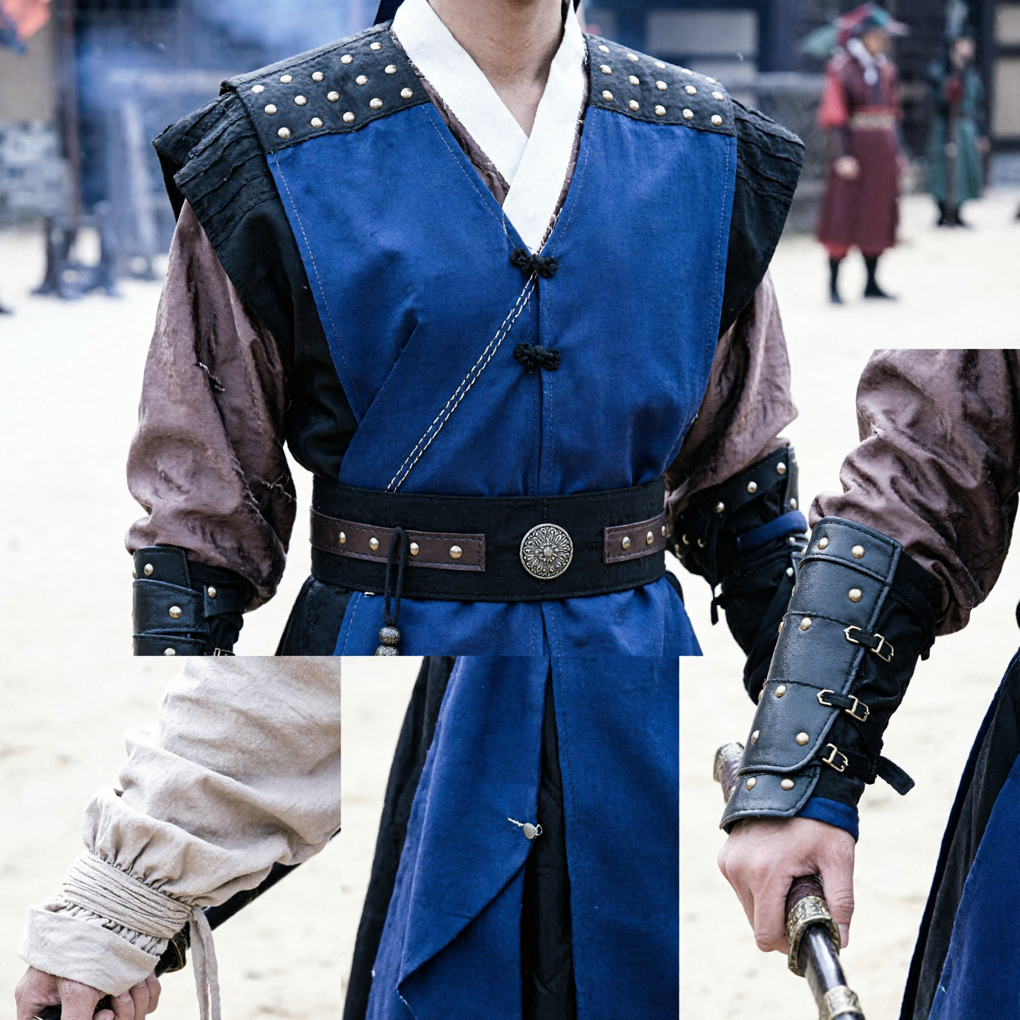 Men's Traditional Korean Blue Warrior Hanbok Costume with Arm Guards for Historical Cosplay and Stage Performance - Asian Costume