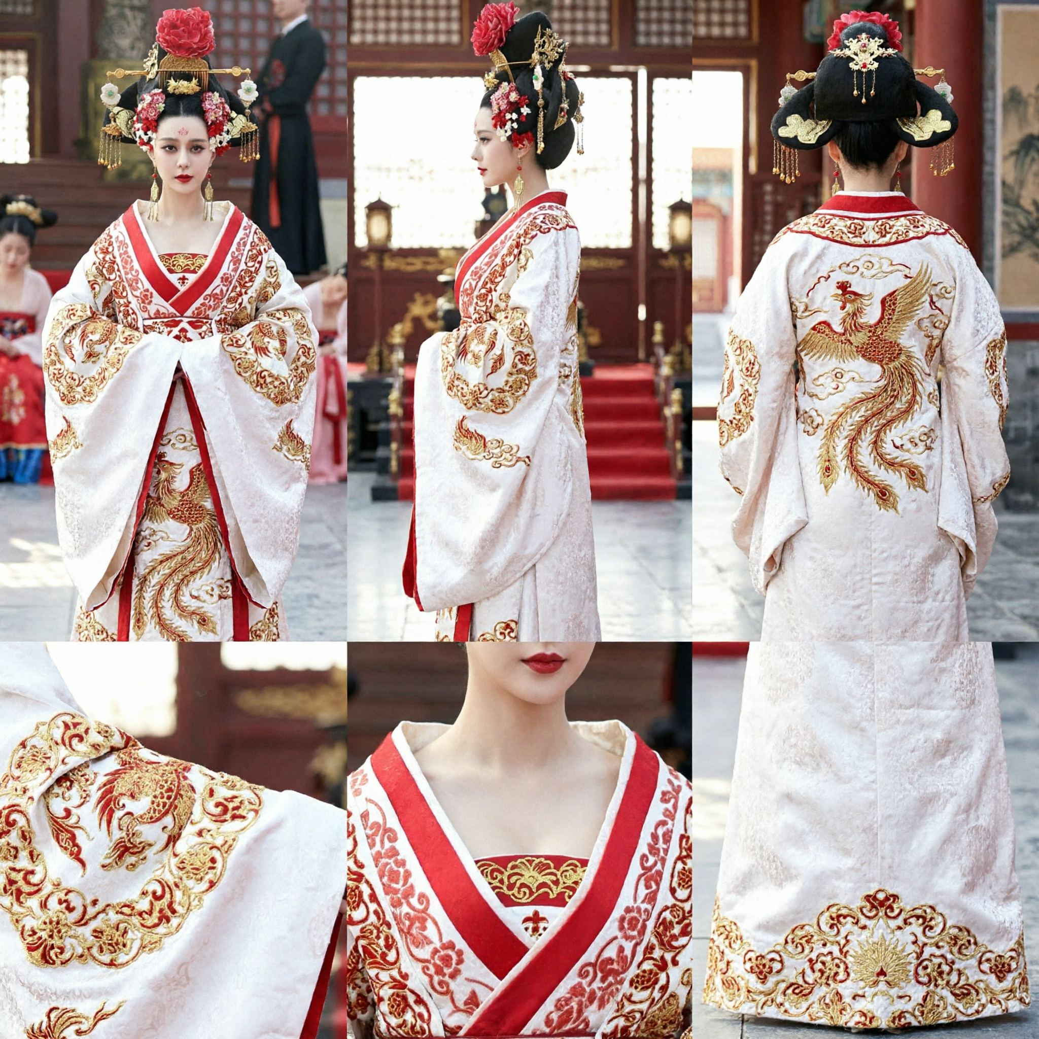 Traditional Tang Dynasty Empress Headdress Wig with Gold Ornaments and Red Flowers for Chinese Hanfu Cosplay - Asian Costume