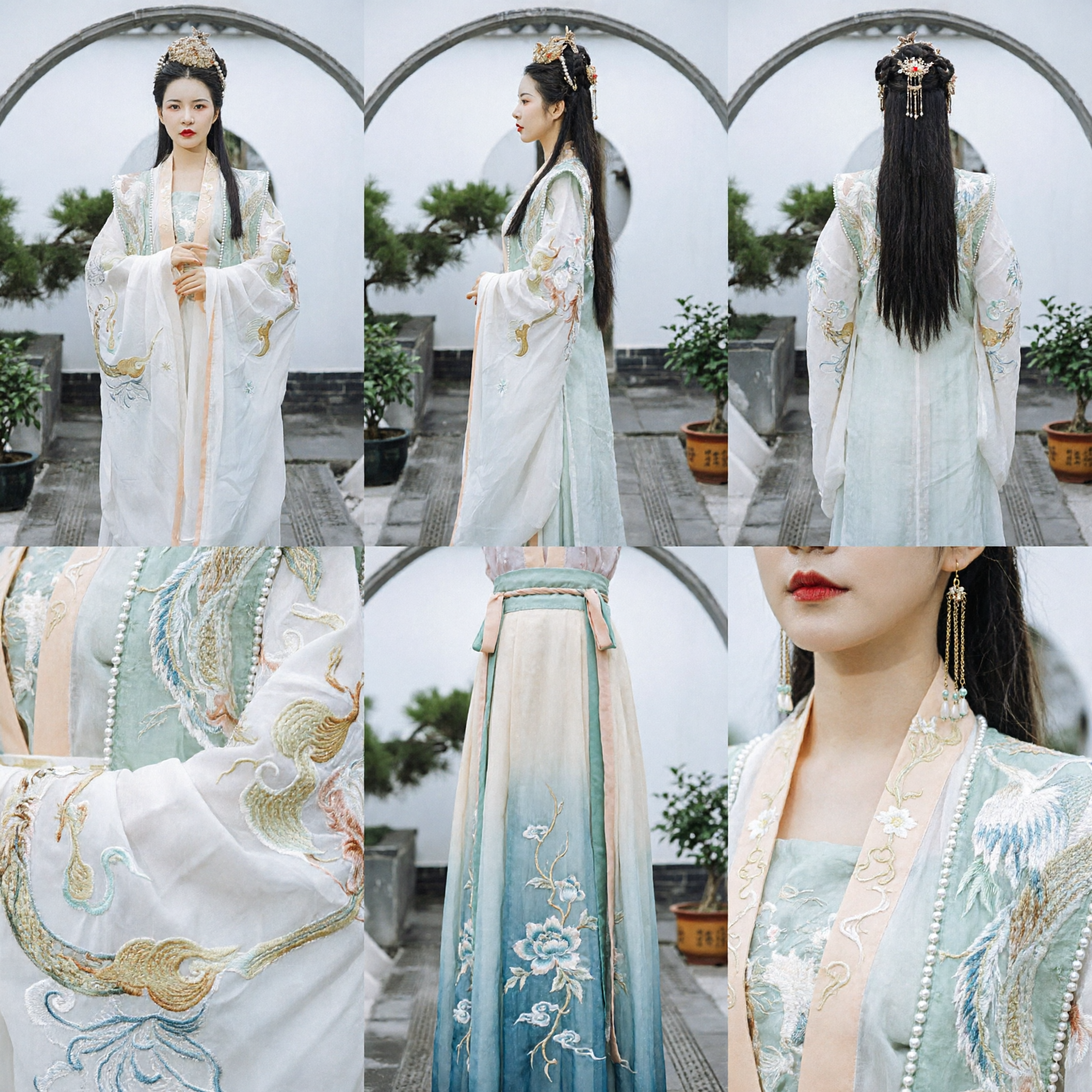 Elegantes antikes chinesisches Hanfu traditionelles Kostüm Weißes besticktes Kleid mit weiten Ärmeln für Frauenauftritte - Asian Costume