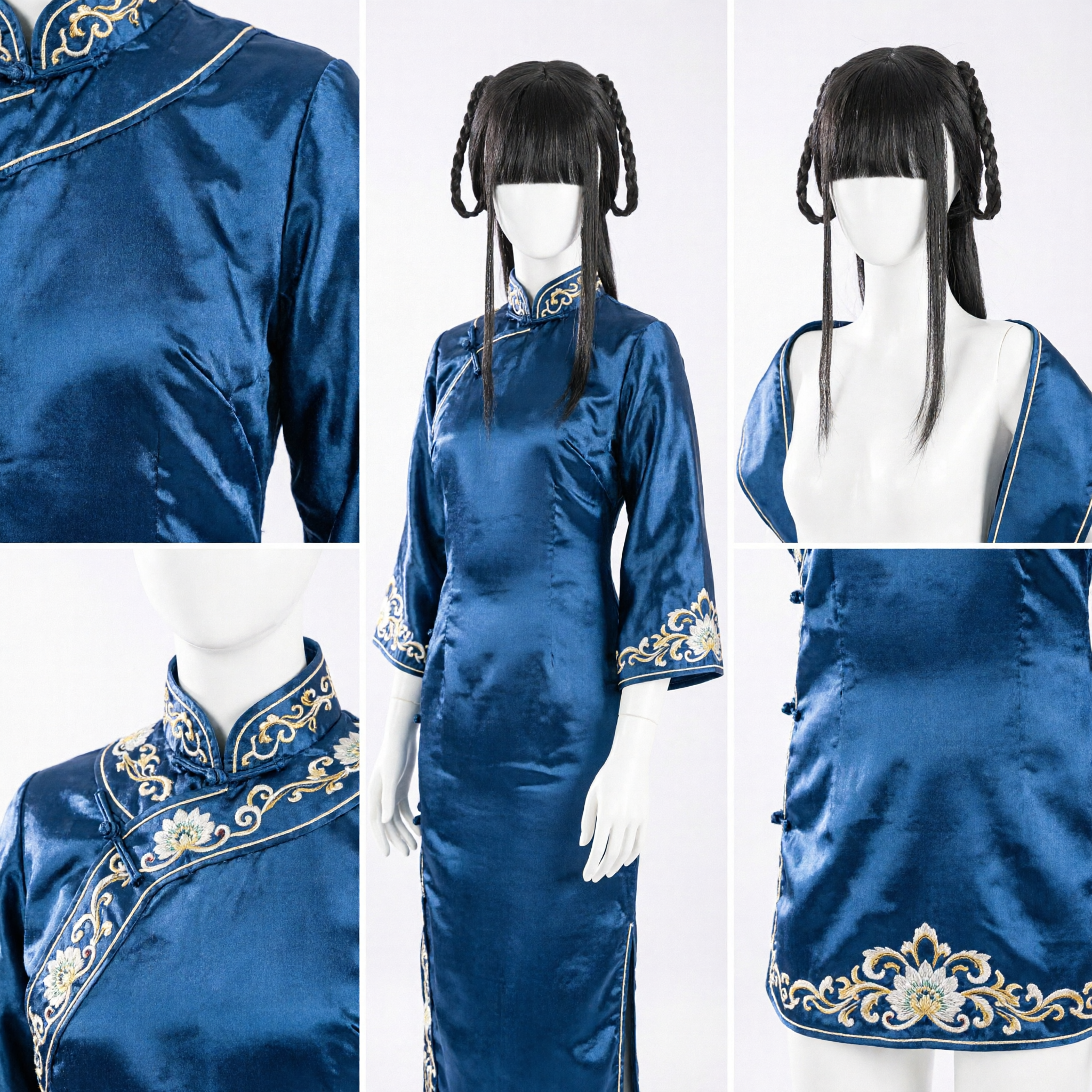 Antike chinesische schwarze Perücke mit doppelten geflochtenen Duttbällen und langem Pony für Hanfu Cosplay Kostüm - Asian Costume