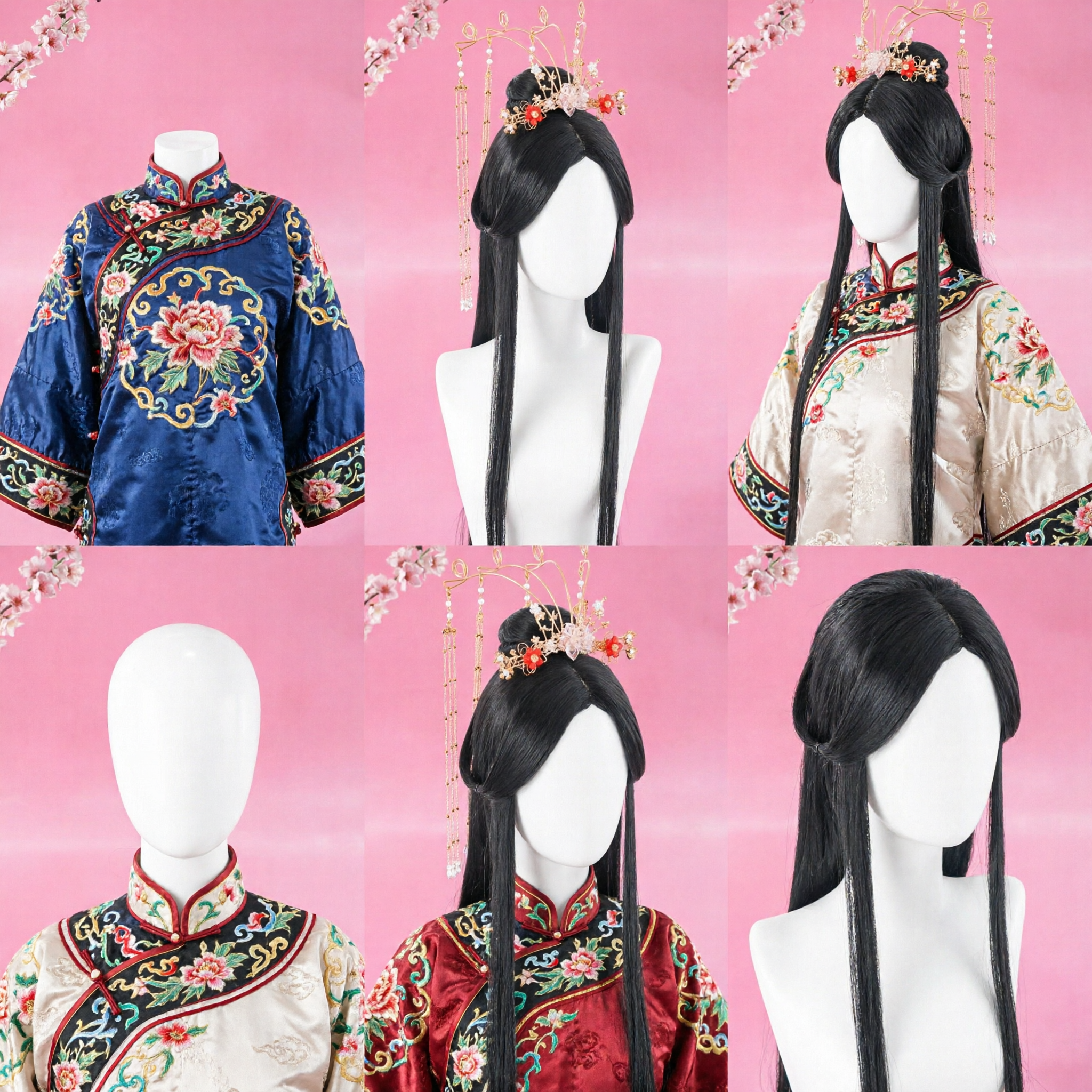 Conjunto de Peruca de Princesa Antiga Chinesa e Diadema Dourado Floral para Cosplay Tradicional Hanfu e Fotografia - Asian Costume