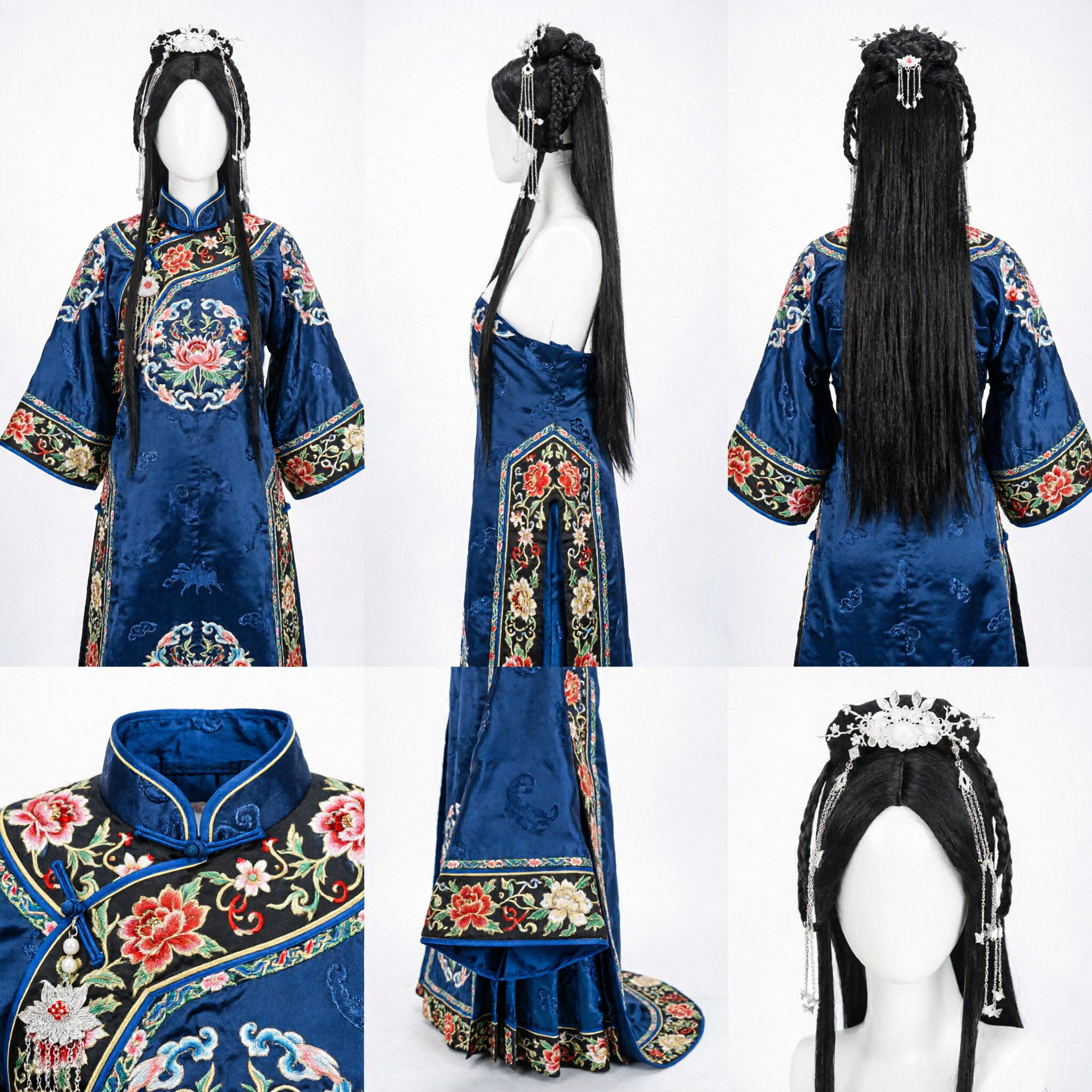 Parrucca Antica Cinese Hanfu con Forcina Floreale Argentata per Donne Cosplay Costume Tradizionale Principessa Fata Capelli Neri - Asian Costume